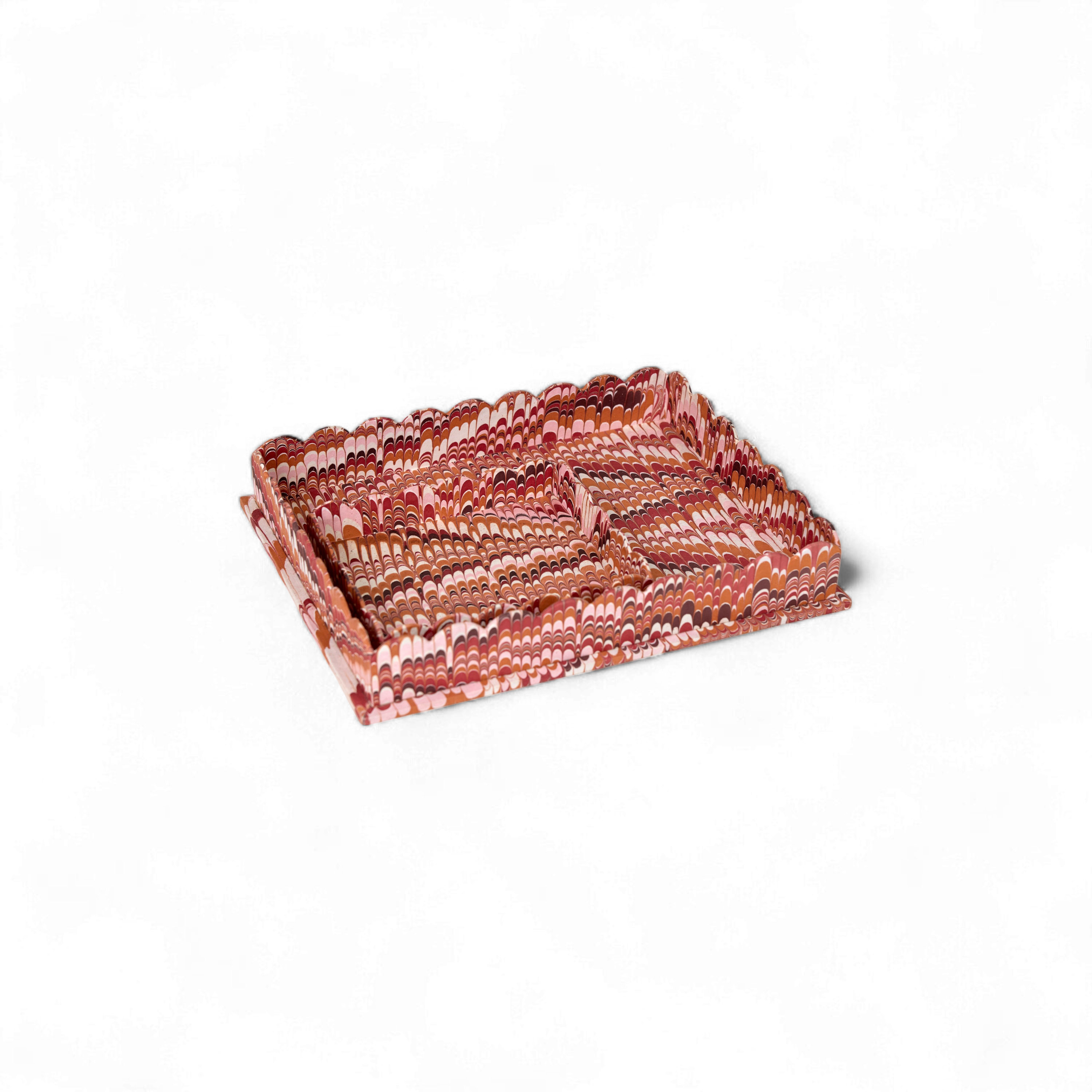 Terra Wave – Hand Marbled Scalloped Tray in Brick Red (Set of 2) (12" x 9.5" x 1.5")