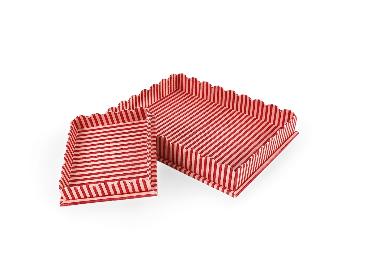 Garnet Red Classic Stripe – Hand Block Printed Tray Set (Set of 2) (Large: 12" x 9.5" x 1.5") ( Small: 5.5" X 6.75" X 1.5")