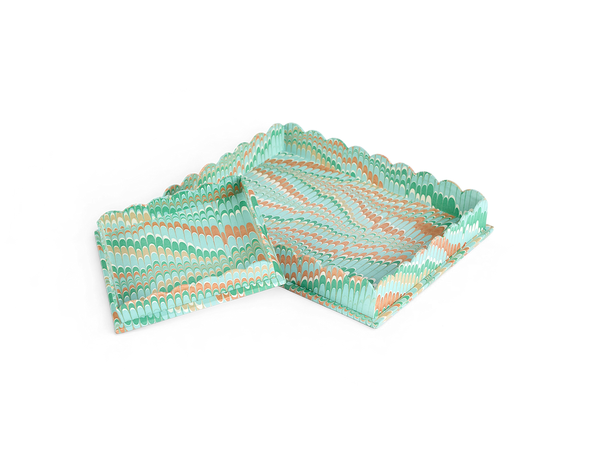 Celadon Green Mountain – Hand Marbled Tray Set (Set of 2) (Large: 12" x 9.5" x 1.5") ( Small: 5.5" X 6.75" X 1.5")