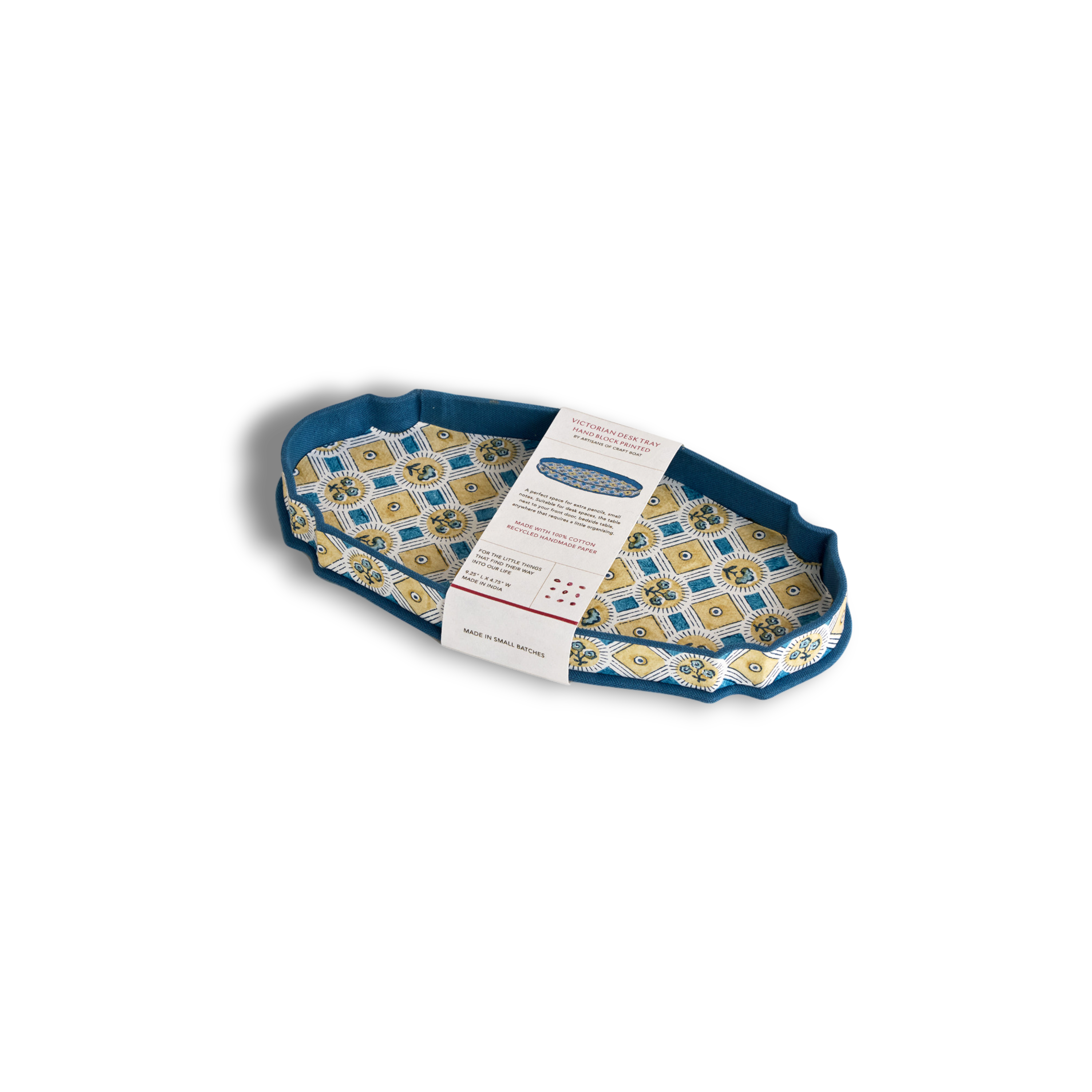 Saanjh Print – Hand Block Printed Crest Tray in Indigo Gold (9.25" x 4.75" x 1")