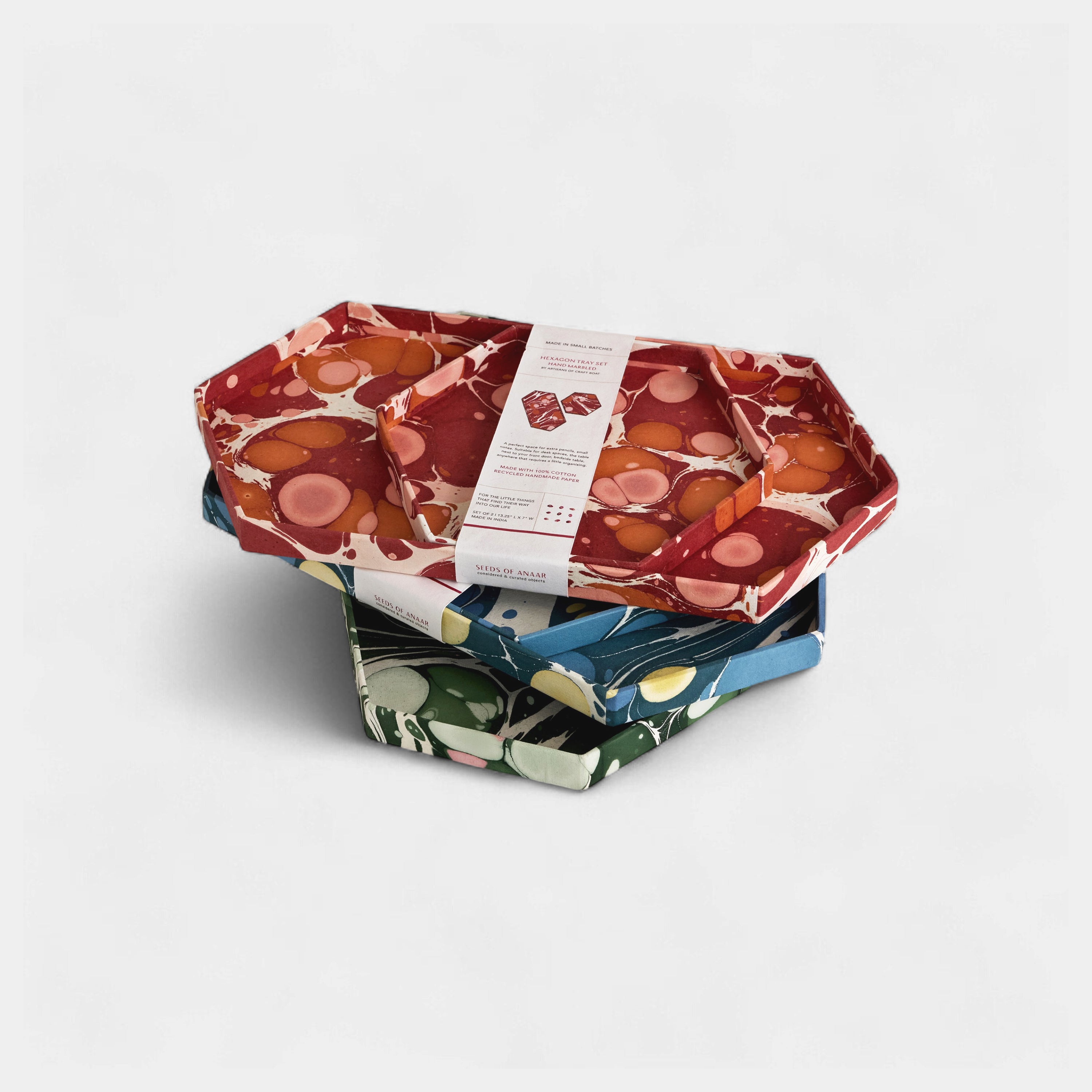 Amber Stone – Hand Marbled Hexagon Tray Set (Set of 2) (Large: 13" x 7" x 0.75")