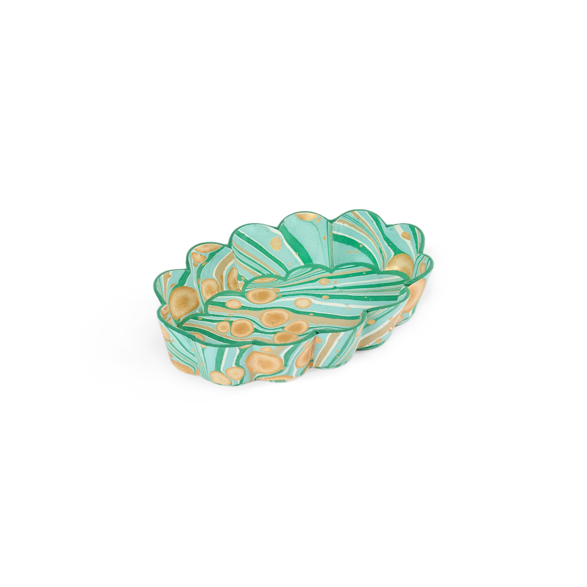 Celadon Green Fire Whirl – Hand Marbled Scalloped Tray (7.5" x 5.25" x 1.6")