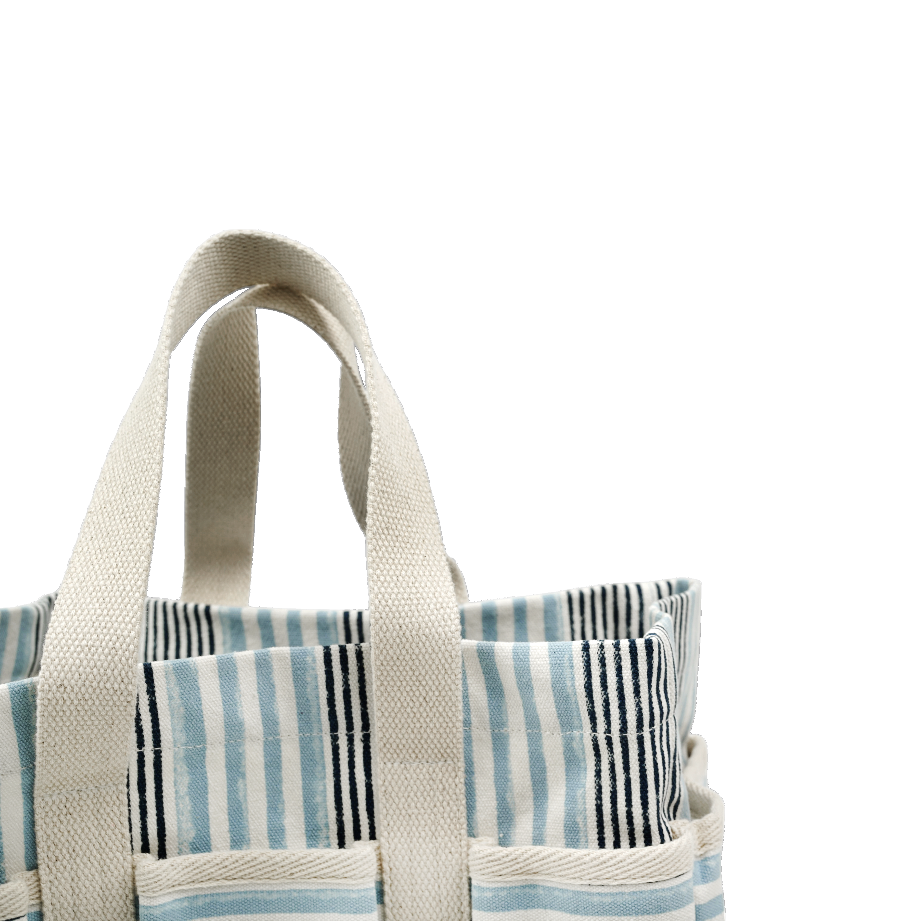 Lahar Stripe – Hand Block Printed Utility Tote in Sky & Navy (11” H x 12.5” W x 7” D | 100% Cotton Canvas)