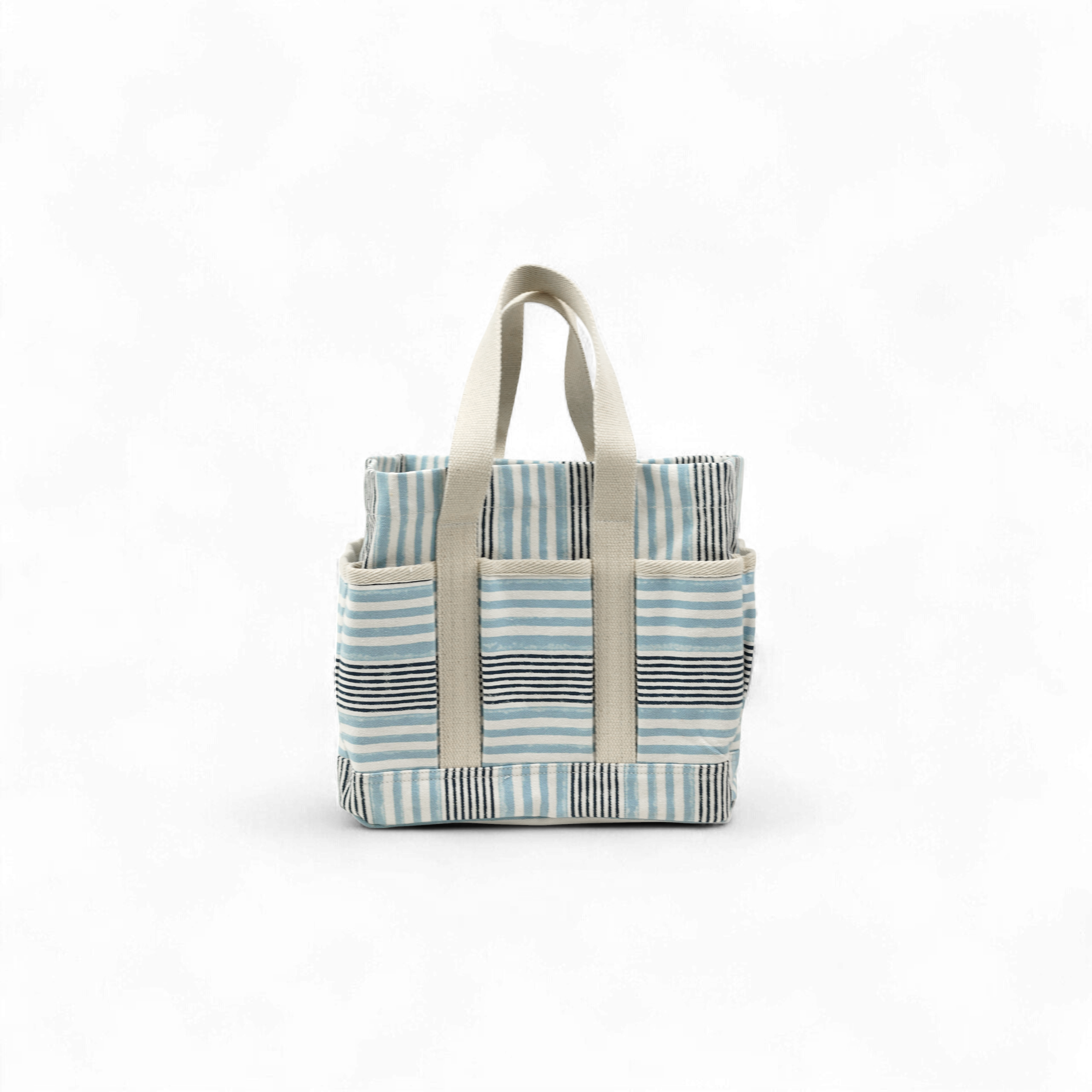 Lahar Stripe – Hand Block Printed Utility Tote in Sky & Navy (11” H x 12.5” W x 7” D | 100% Cotton Canvas)