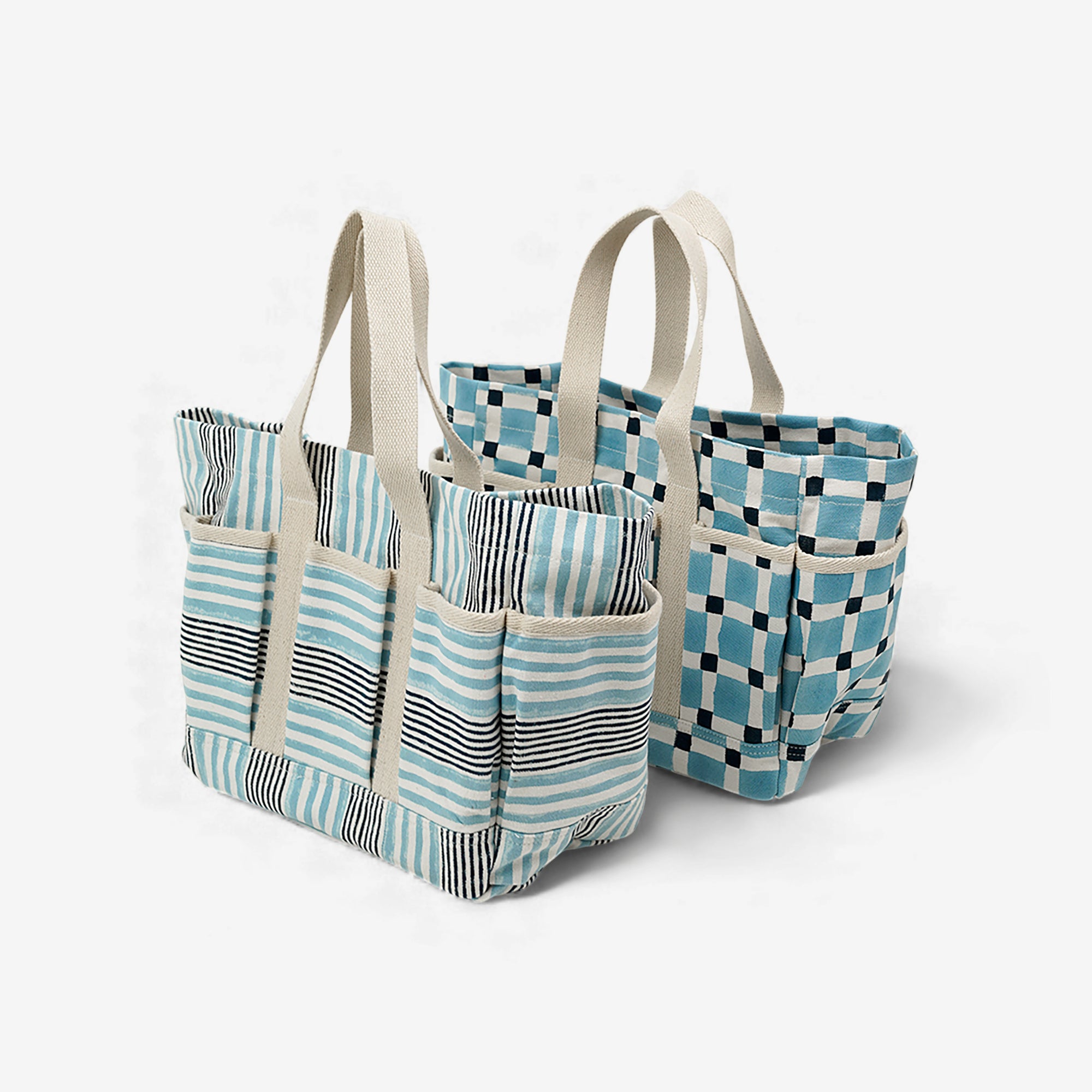 Lahar Stripe – Hand Block Printed Utility Tote in Sky & Navy (11” H x 12.5” W x 7” D | 100% Cotton Canvas)