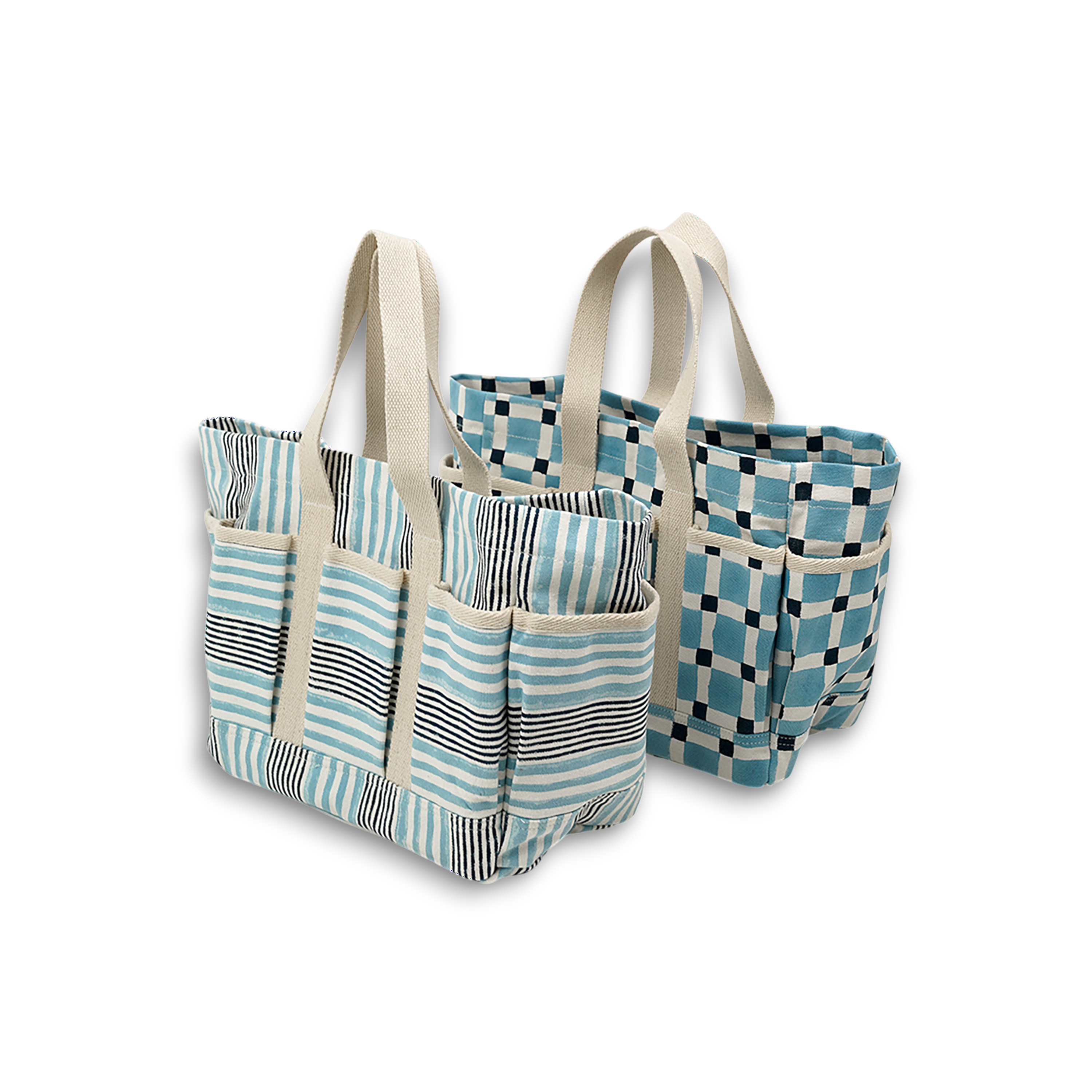 Lahar Stripe – Hand Block Printed Utility Tote in Sky & Navy (11” H x 12.5” W x 7” D | 100% Cotton Canvas)
