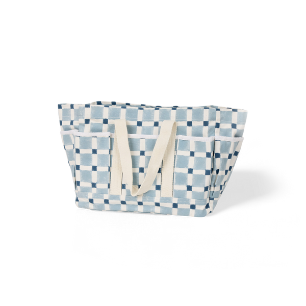 Nila Grid – Hand Block Printed Utility Tote in Sky & Navy (11” H x 12.5” W x 7” D | 100% Cotton Canvas)