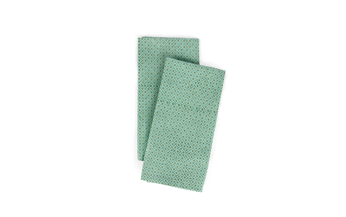 Celadon Green Dot & Grid – Hand Block Printed Cotton Napkin (Set of 2) (18" x 18")