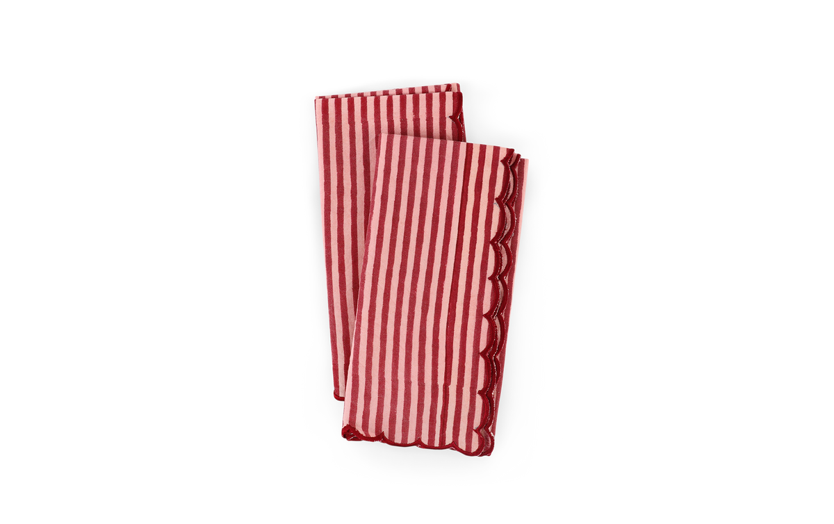 Garnet Red Classic Stripe – Hand Embroidery Printed Cotton Napkin (Set of 2) (18" x 18")