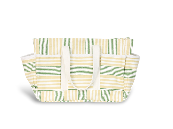 Meadow Stripe – Hand Block Printed Utility Tote in Green Butter (12” H x 16” W x 6” D | 100% Cotton Canvas)