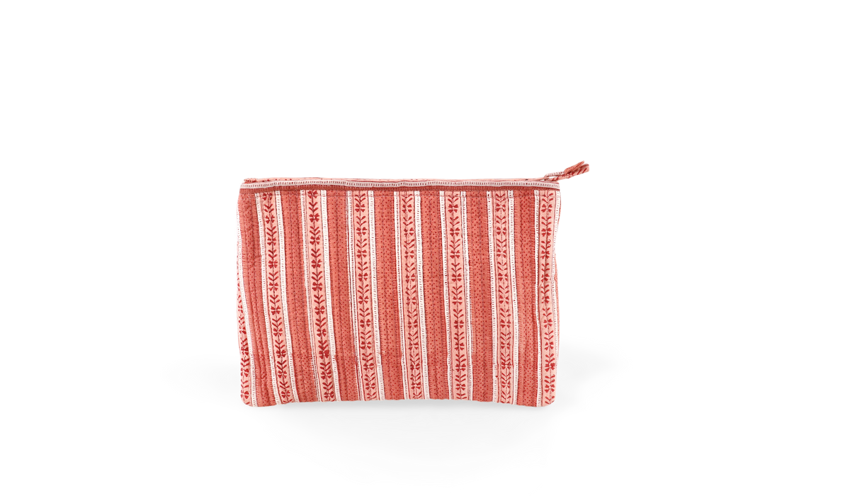 Garnet Red Floral Stripe – Hand Block Printed Quilted Cotton Pouch (Large – 9.5" x 6.5" x 3")