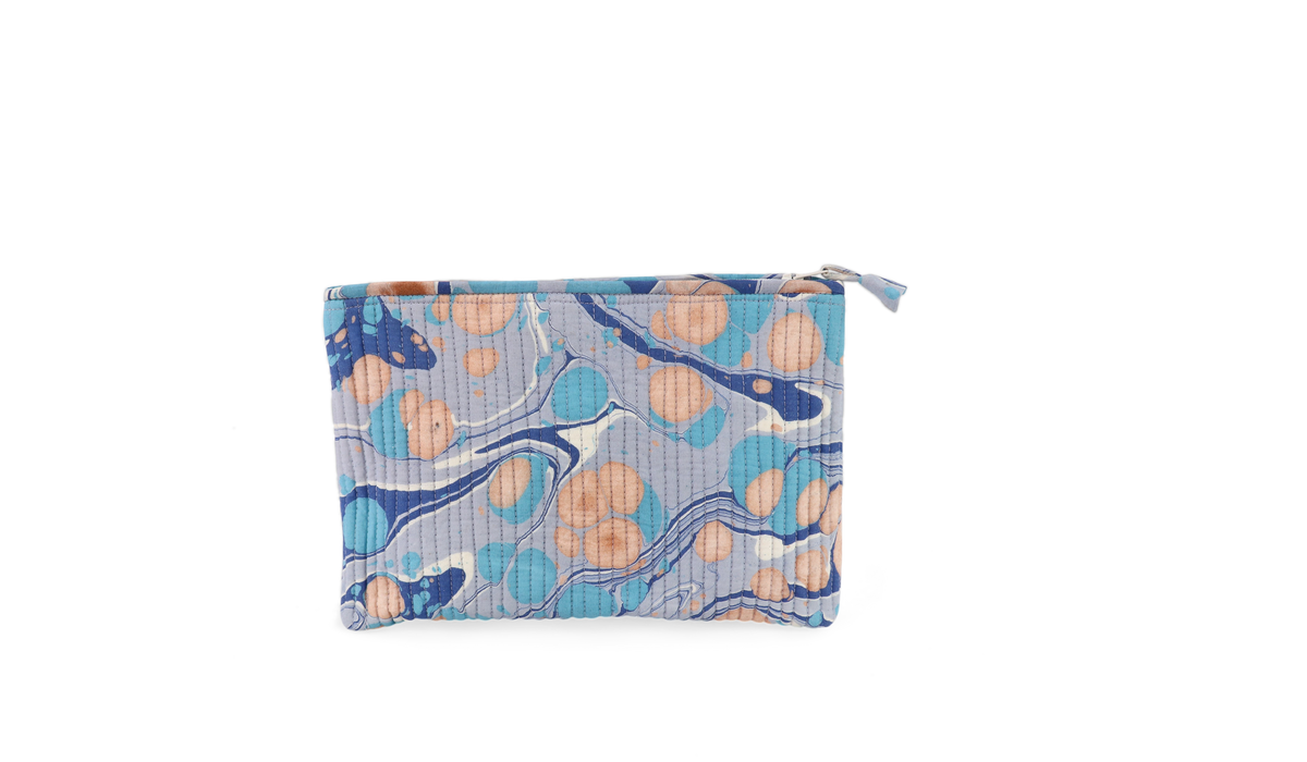 Harbor Blue Pebble – Hand Marbled Quilted Cotton Pouch (Large – 9.5" x 6.5" x 3")