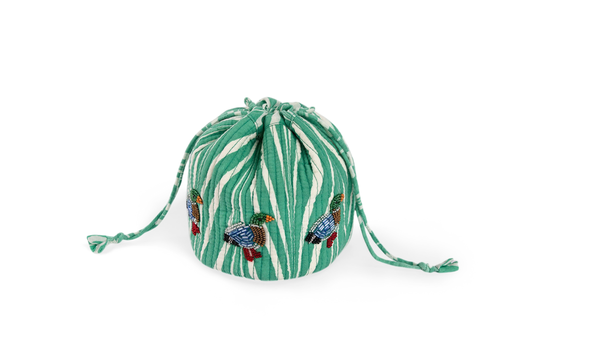 Celadon Green Banyan – Hand Embroidered Quilted Pouch (Jewelry & Beauty Organizer)