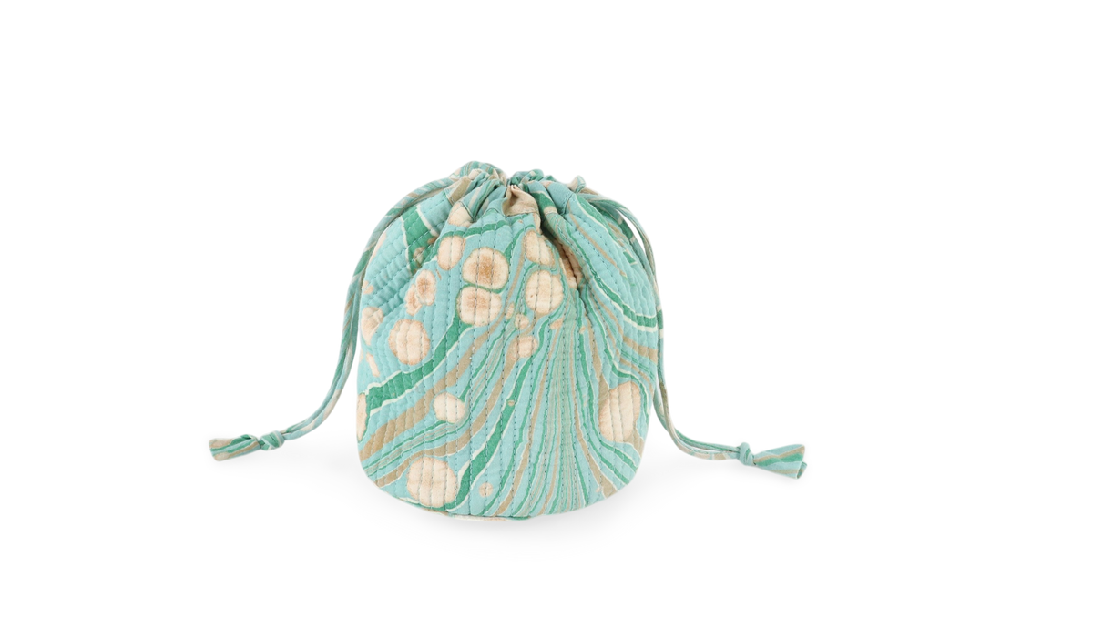 Celadon Green Fire Whirl – Hand Marbled Quilted Pouch (Jewelry & Beauty Organizer)