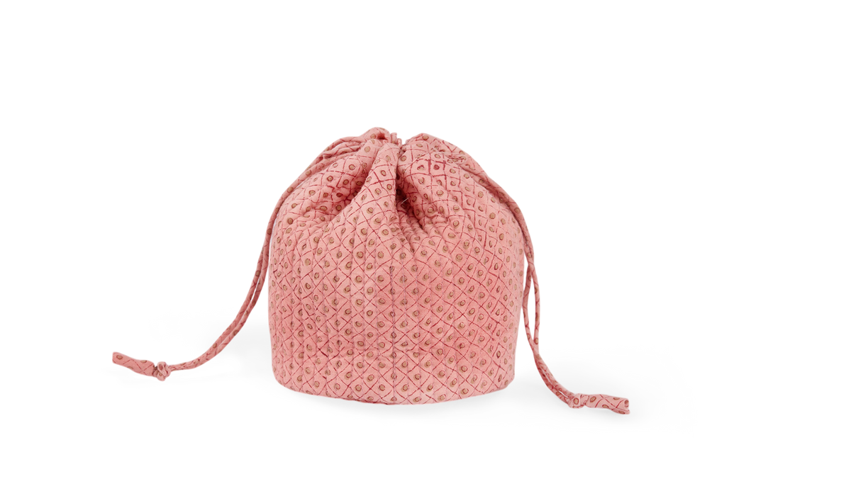 Garnet Red Dot & Grid – Hand Block Printed Quilted Pouch (Jewelry & Beauty Organizer)