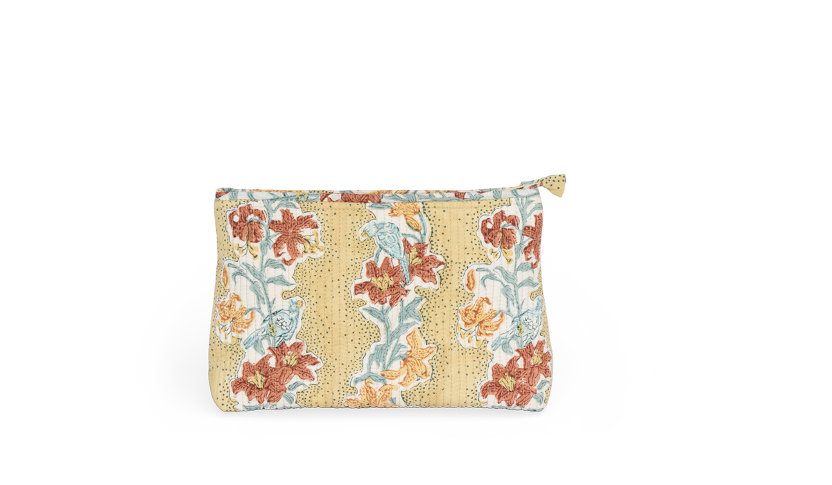 Amber Garden – Hand Block Printed Quilted Cotton Pouch Large – 9.5" × 6.5" × 3"