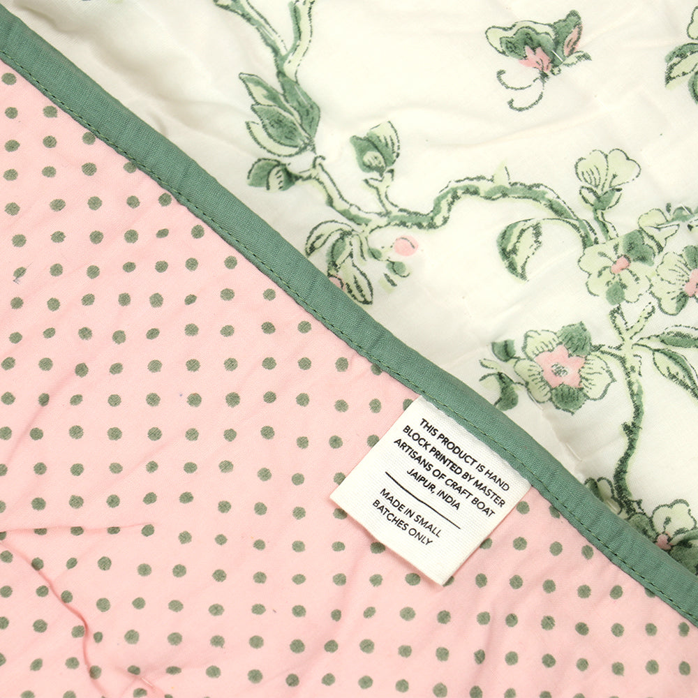 Sage Bloom – Hand Block Printed Cotton Quilt (90" x 108")
