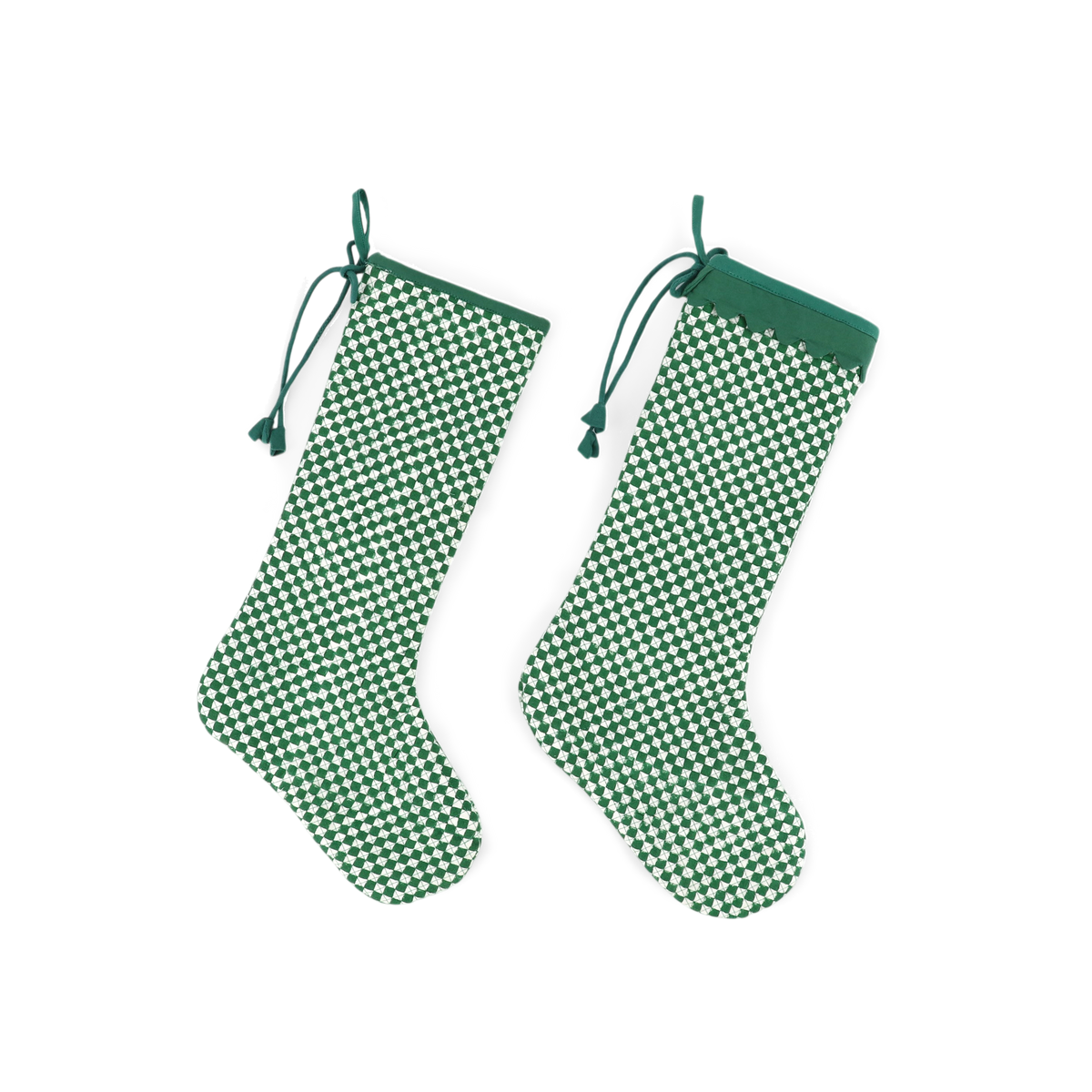 Celadon Green Check – Hand Block Printed Christmas Stocking With Scalloped Edge (16" × 5")