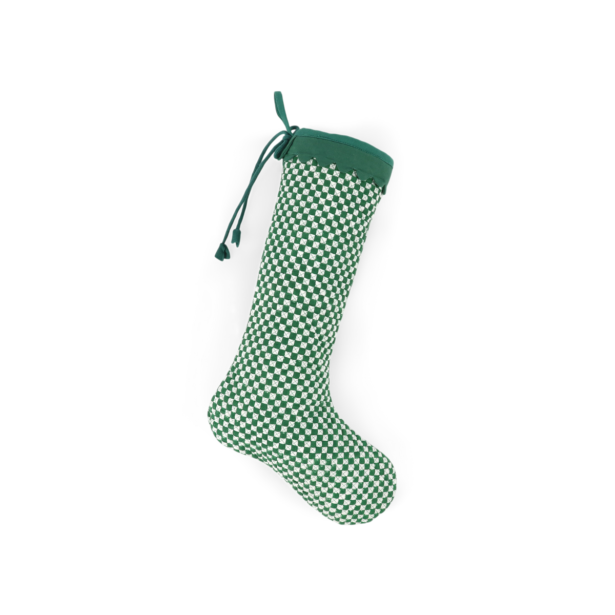 Celadon Green Check – Hand Block Printed Christmas Stocking With Scalloped Edge (16" × 5")