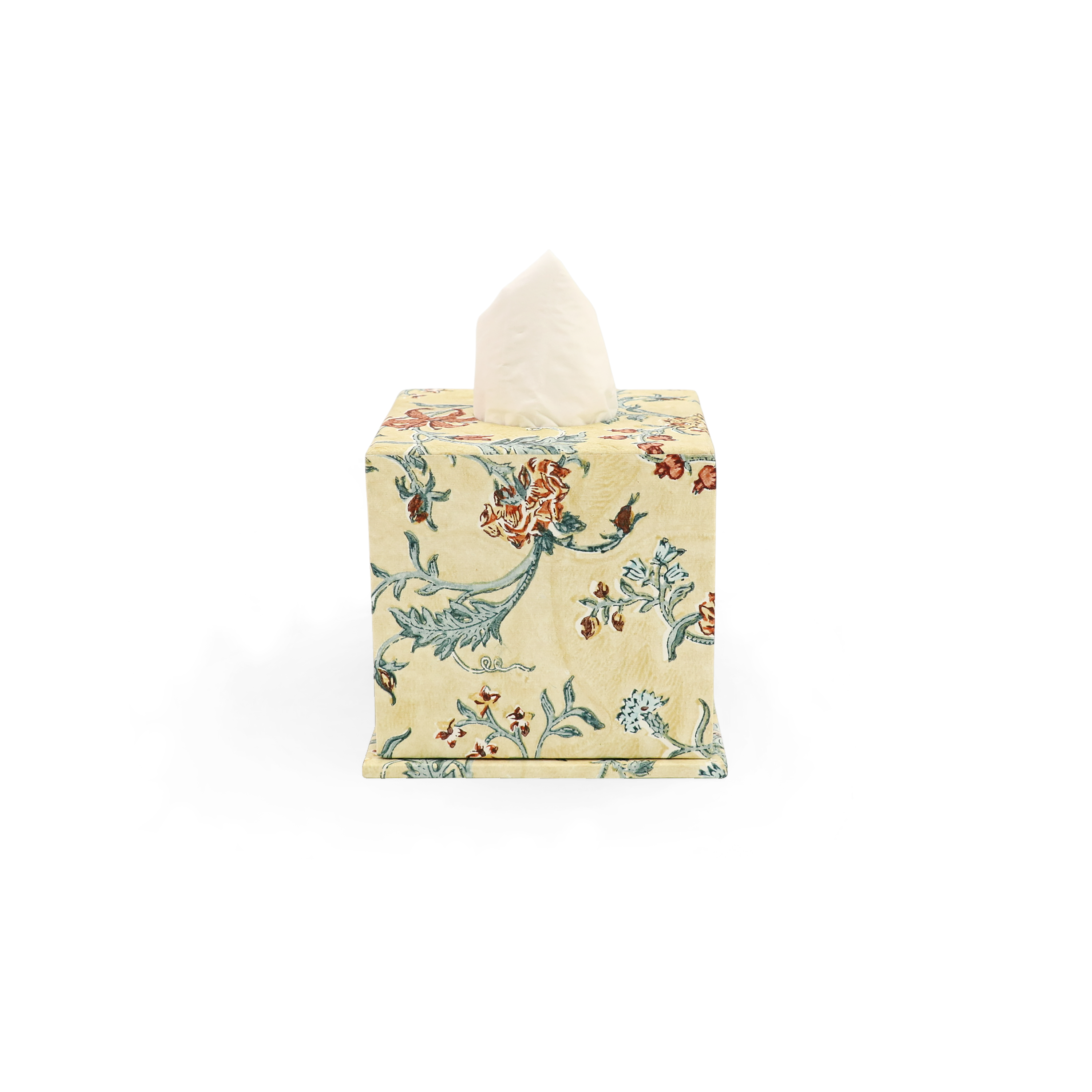 Marigold Garden – Hand Block Printed Tissue Box Cover (5.25” H x 5” W x 5” D)