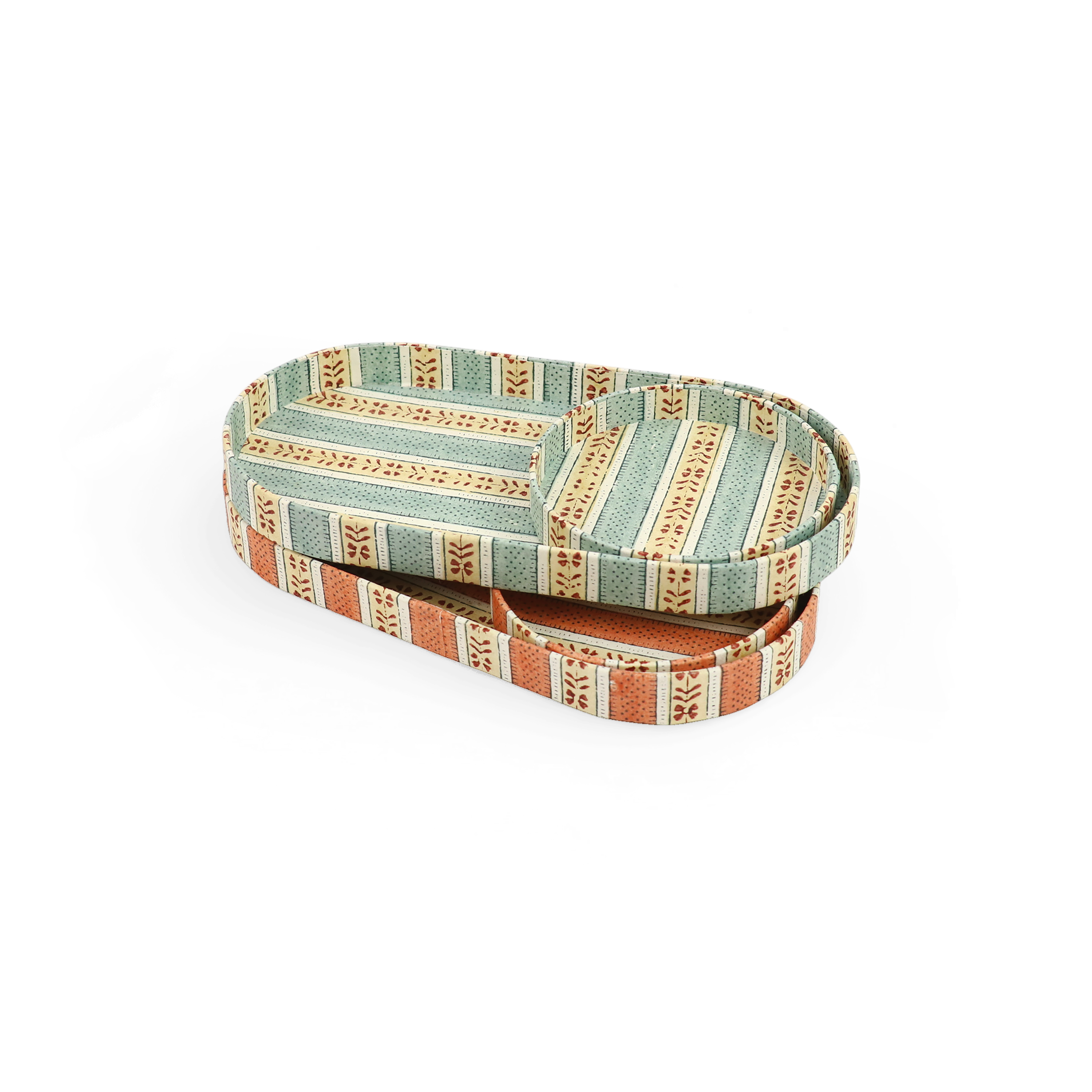 Sage Vine – Hand Block Printed Dual Tray Set (Set of 2) (Large: 4.5" x 9" x 1") (Small: 4" x 4" x 0.6")