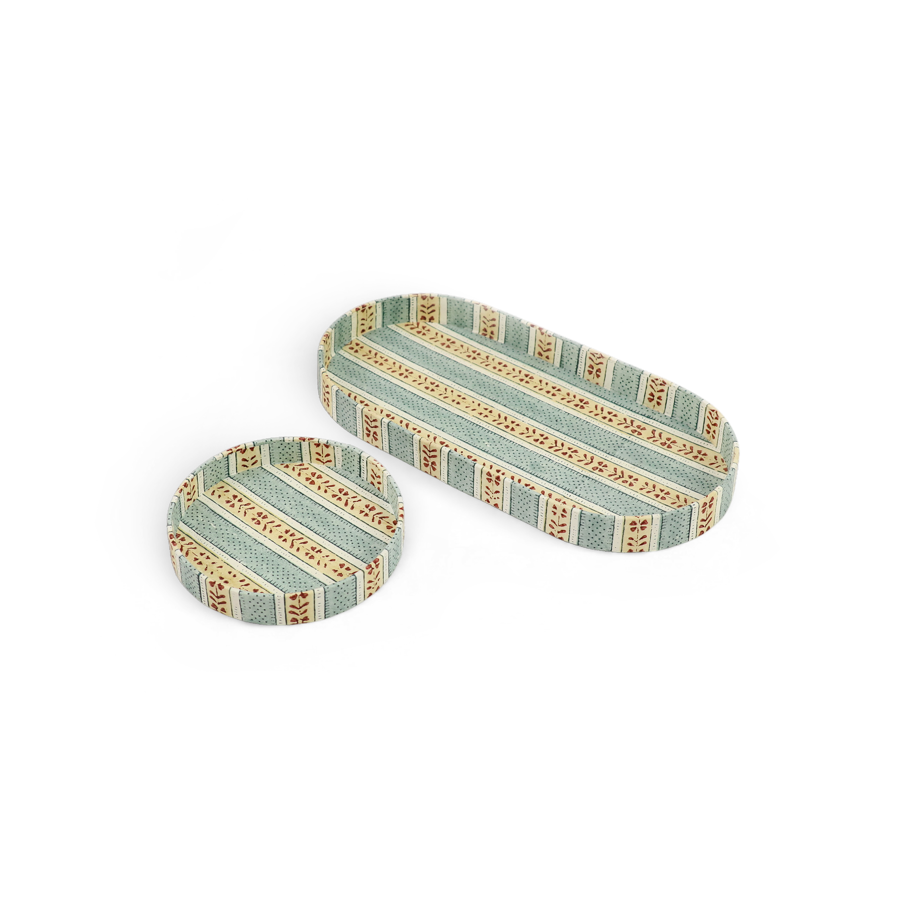 Sage Vine – Hand Block Printed Dual Tray Set (Set of 2) (Large: 4.5" x 9" x 1") (Small: 4" x 4" x 0.6")
