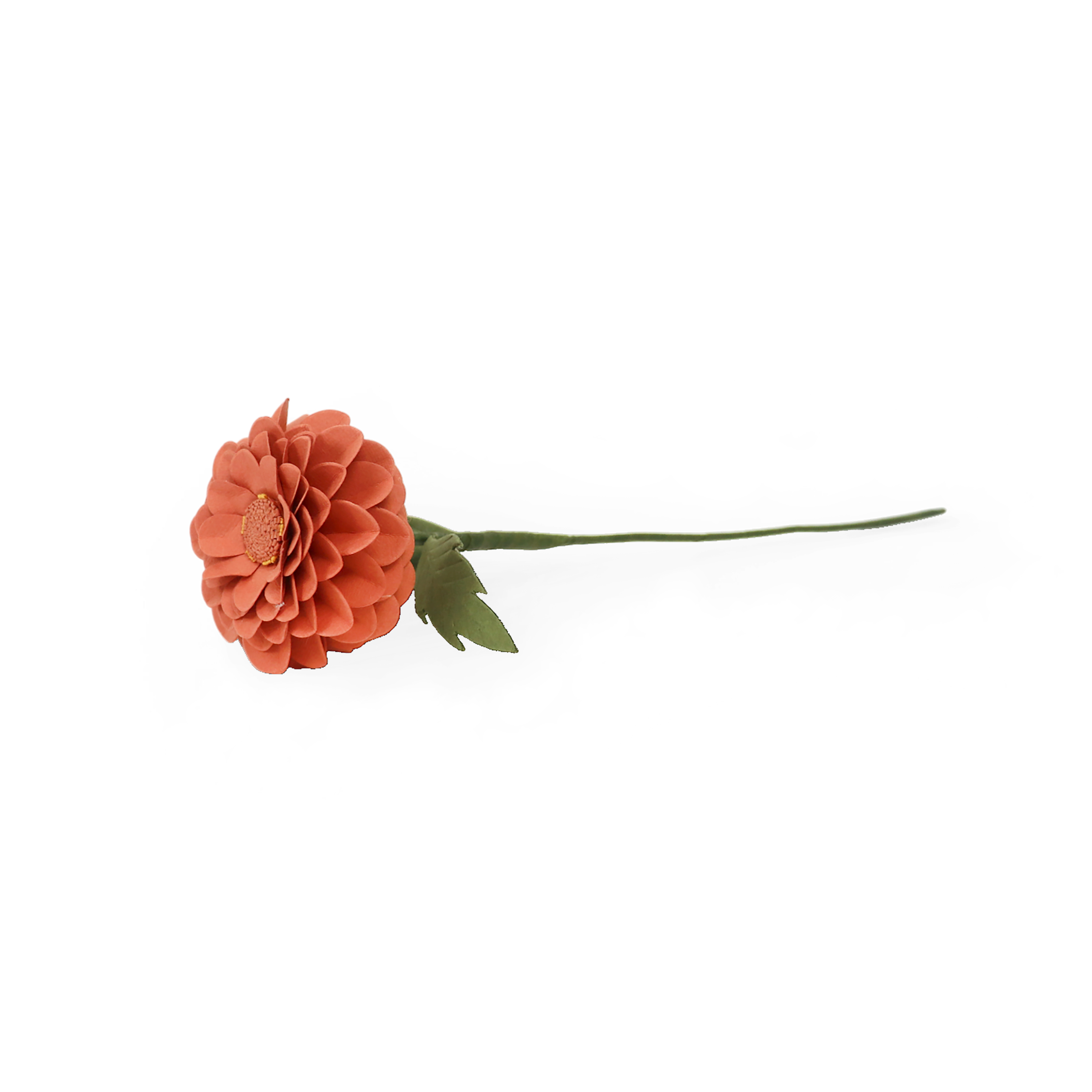 Handmade Paper Dahlia – Warm Coral Bloom Stem (Size: Approx. 2.5” x 9” | Recycled Cotton Paper)