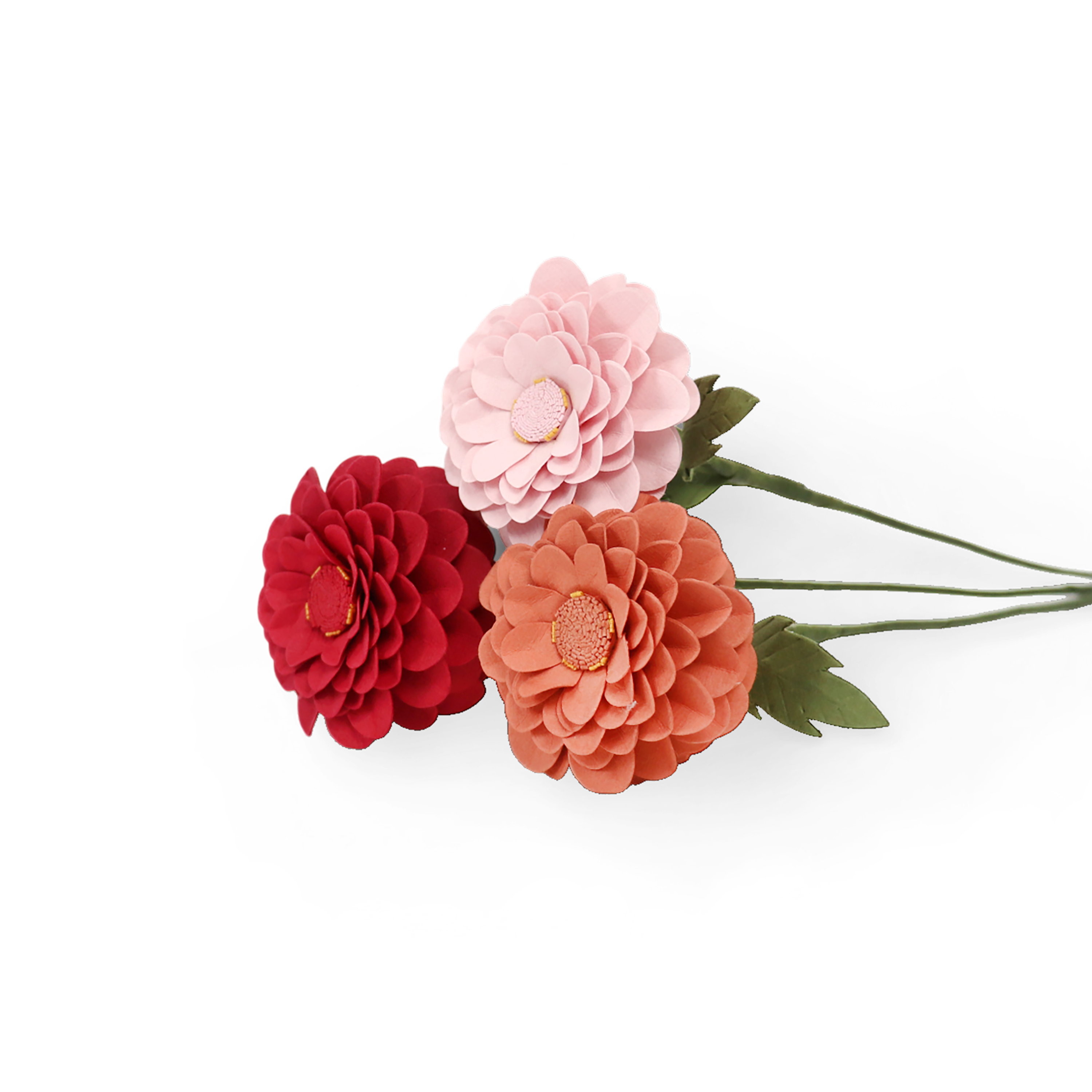 Handmade Paper Dahlia – Warm Coral Bloom Stem (Size: Approx. 2.5” x 9” | Recycled Cotton Paper)
