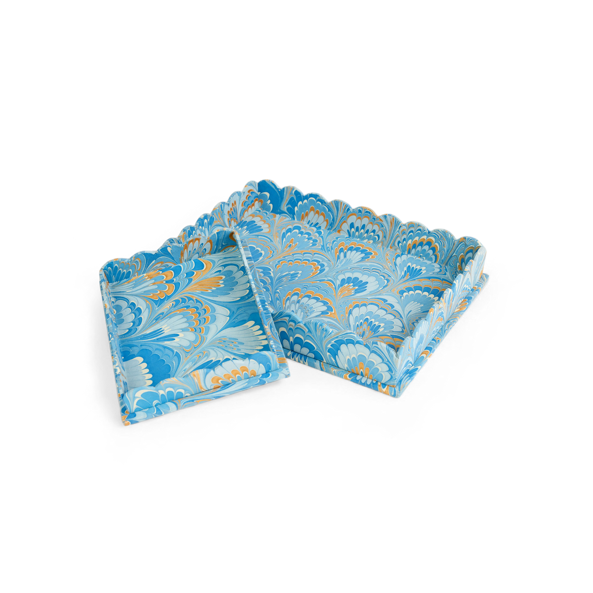 Azure Plume – Hand Marbled Scalloped Tray Set (12" x 9.5" x 1.5")