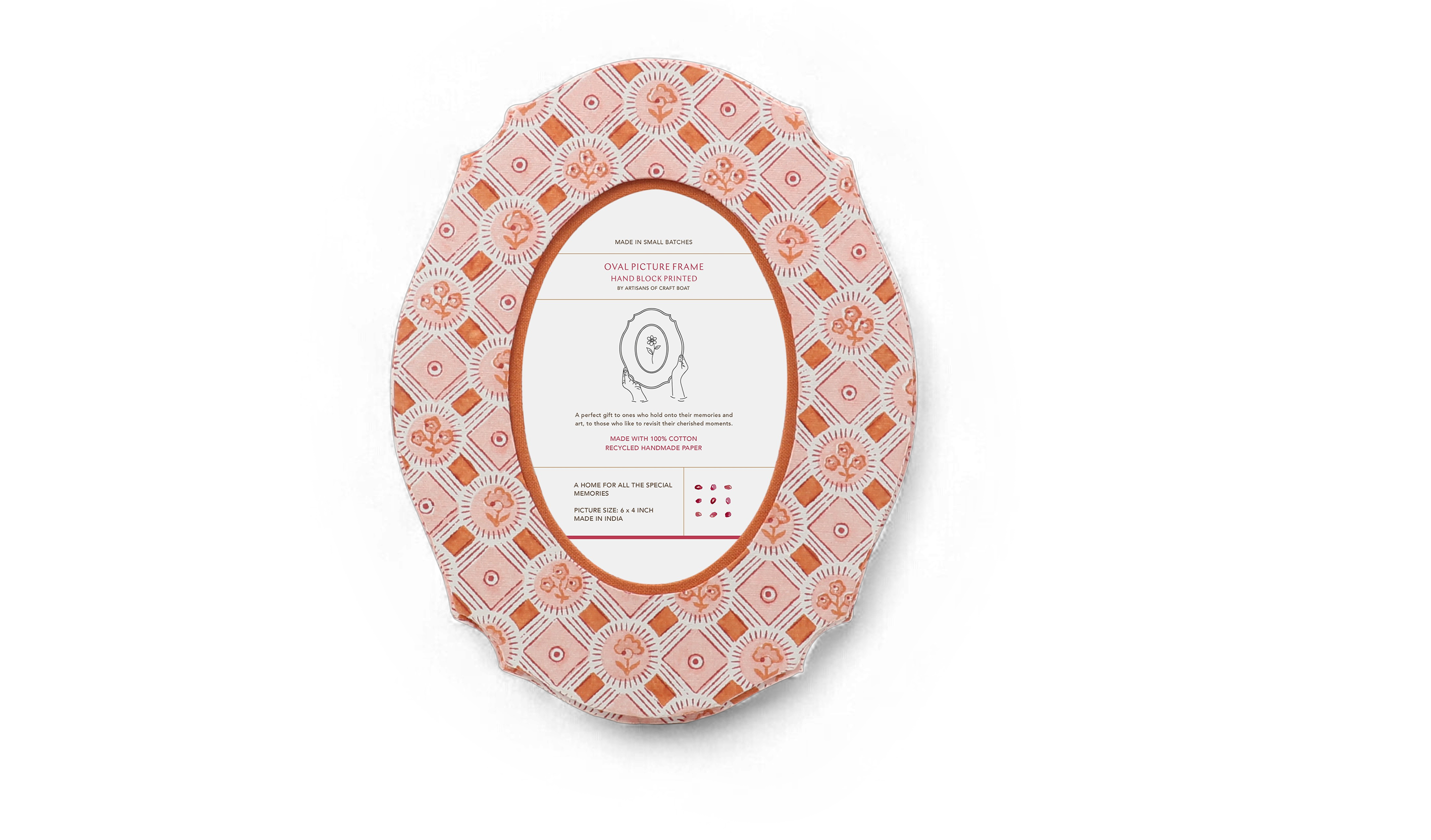 Amber Bloom – Hand Block Printed Tabletop Picture Frame (9" x 7", fits 6" x 4" Picture)