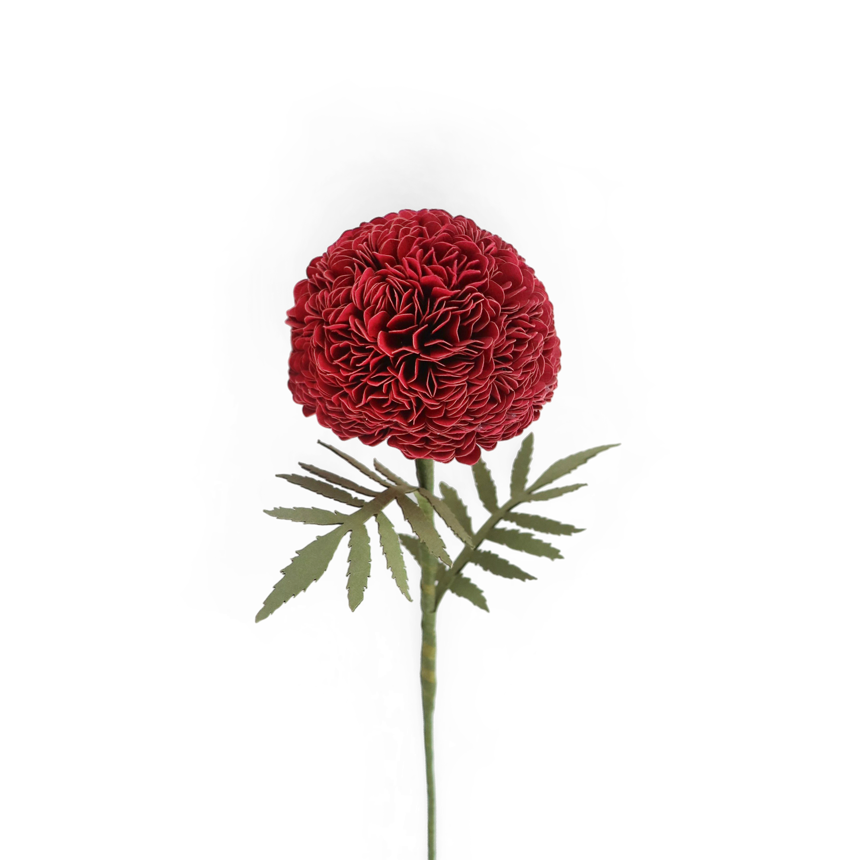 Handmade Paper Marigold – Deep Red Bloom Stem (Size: 2.5” x 9” | Recycled Cotton Paper)
