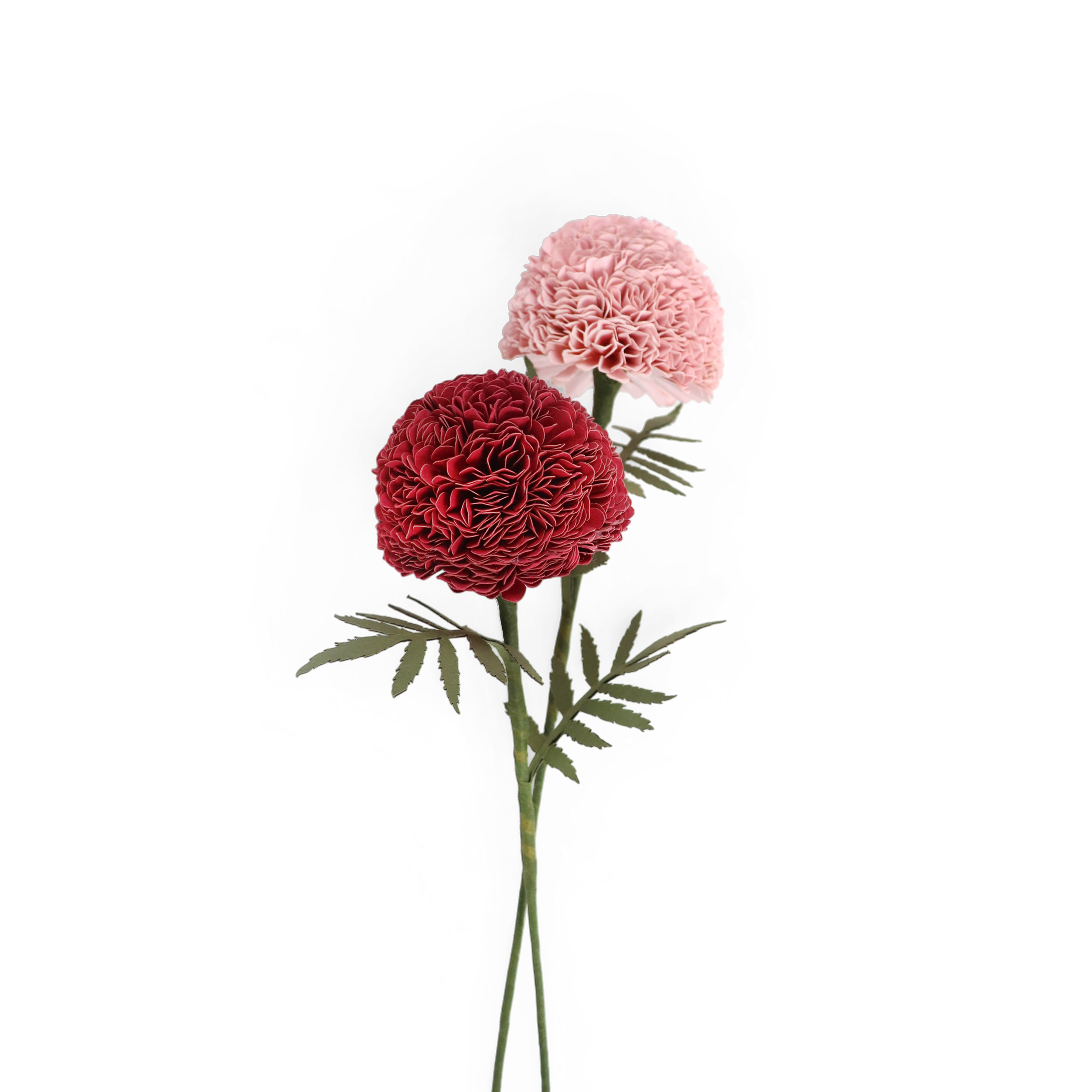 Handmade Paper Marigold – Deep Red Bloom Stem (Size: 2.5” x 9” | Recycled Cotton Paper)
