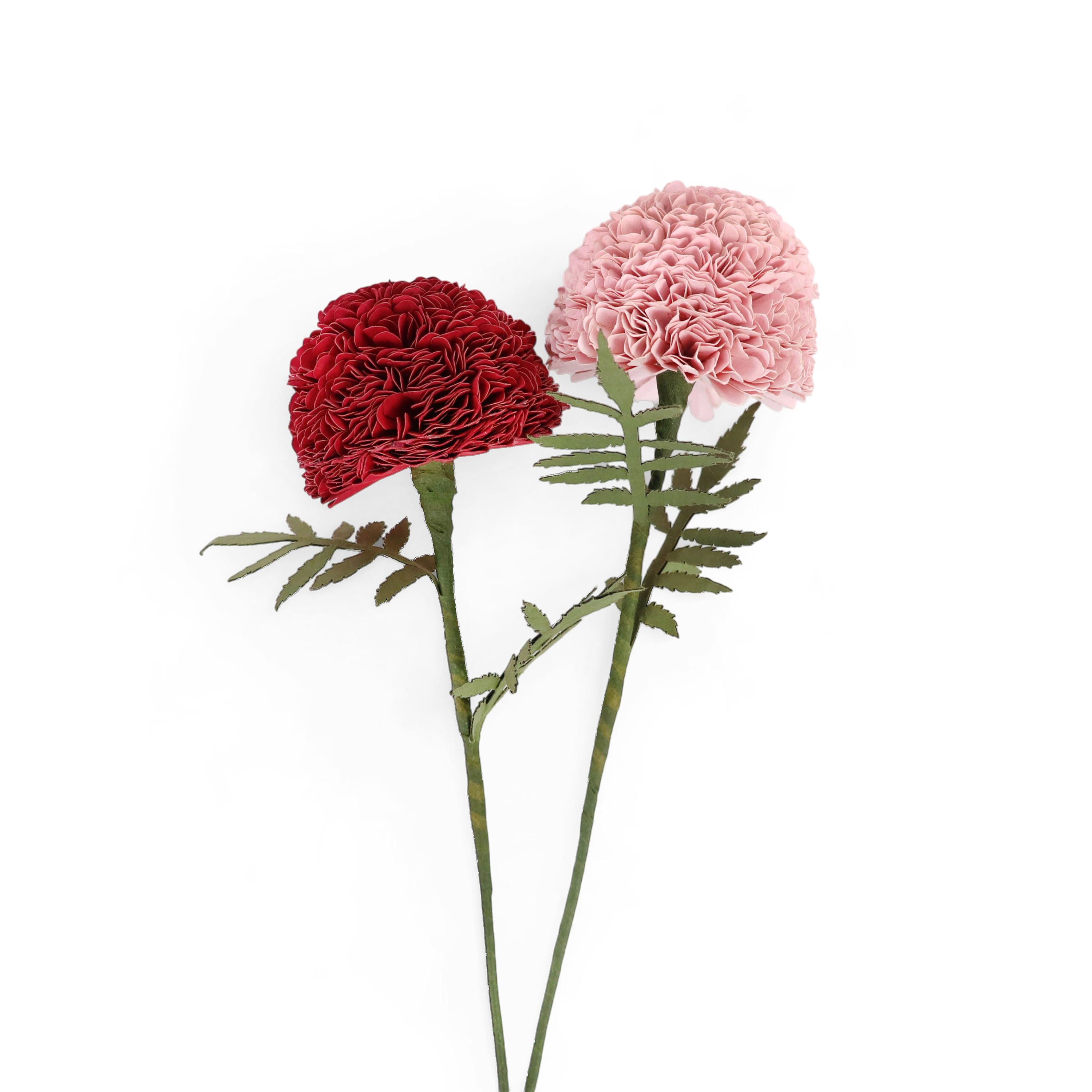 Handmade Paper Marigold – Deep Red Bloom Stem (Size: 2.5” x 9” | Recycled Cotton Paper)
