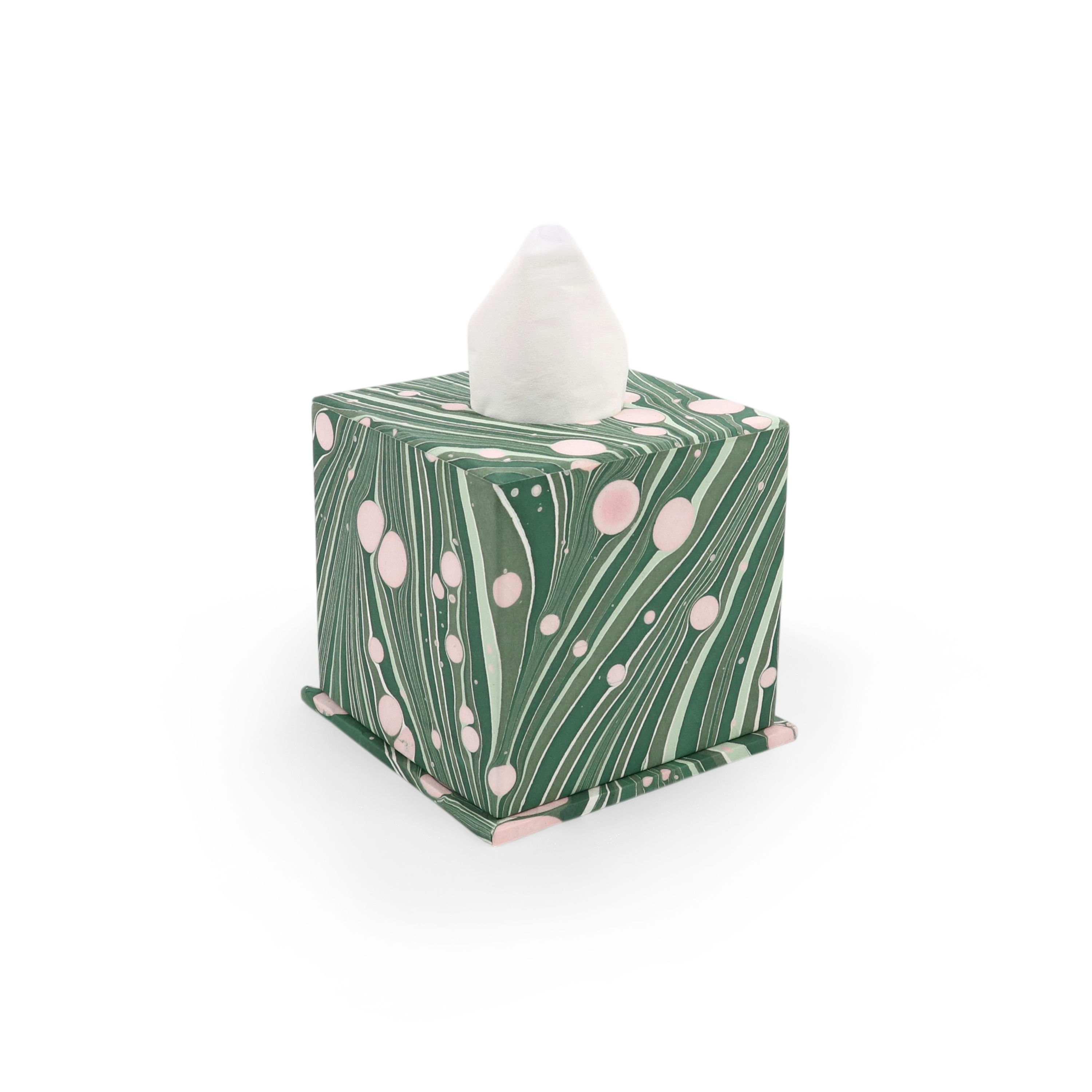 Green Fire Whirl – Hand Marbled Tissue Box Cover (5.25” H x 5” W x 5” D)