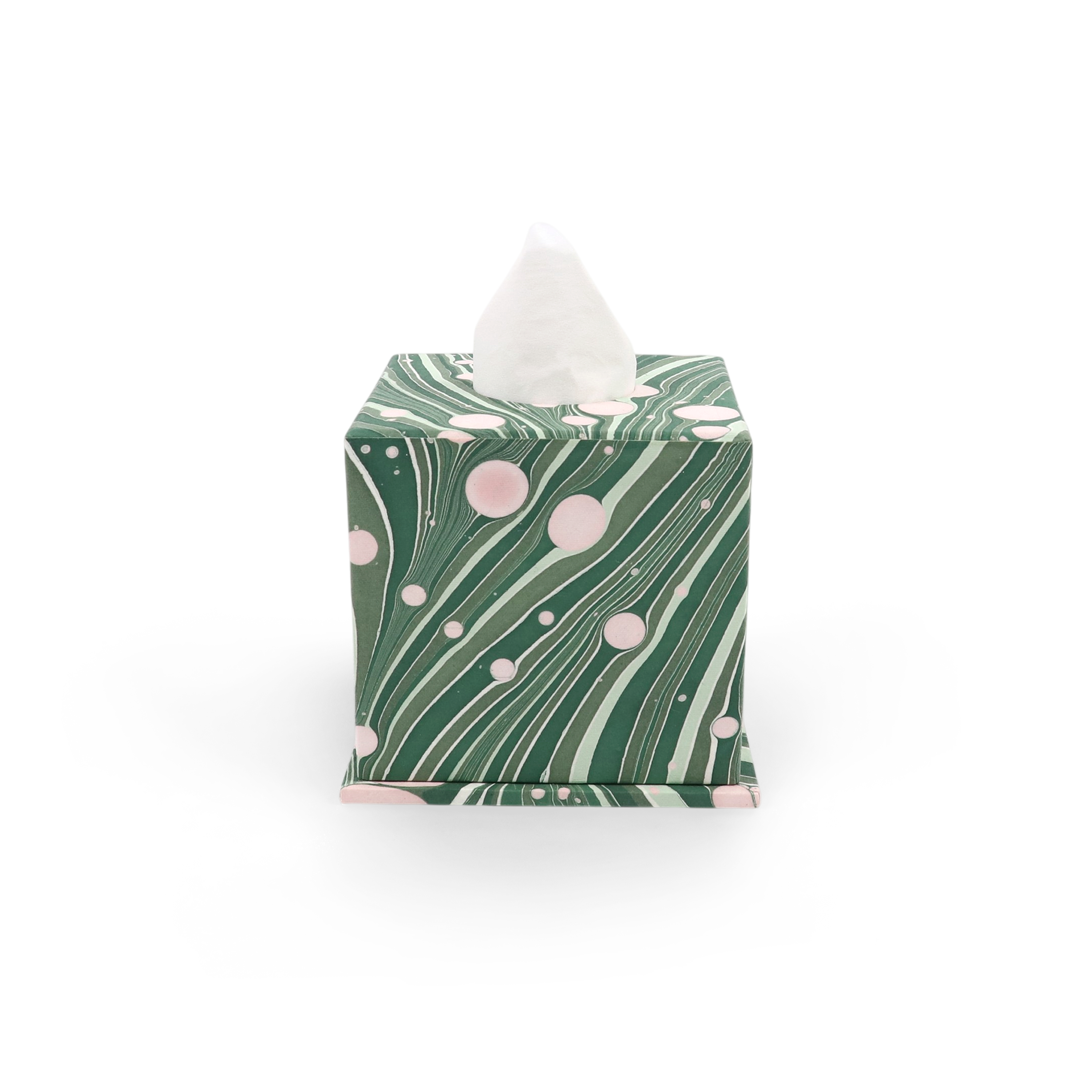 Green Fire Whirl – Hand Marbled Tissue Box Cover (5.25” H x 5” W x 5” D)