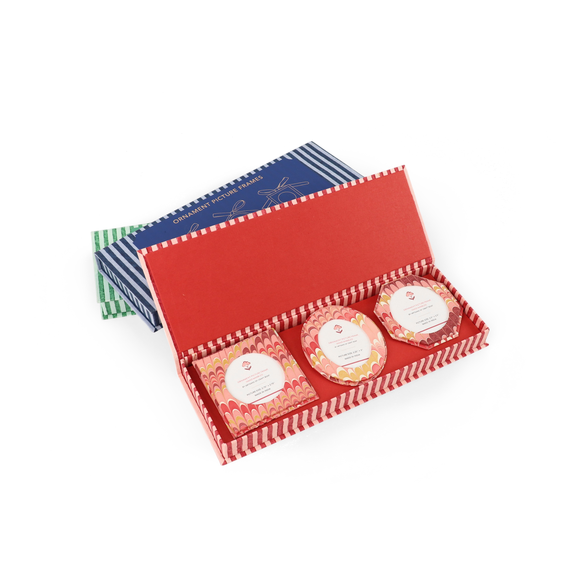 Harbor Blue Mountain – Hand Marbled Holiday Ornament Picture Frame Box (Set of 3 | Hex: 3.5" × 3.5", Oval: 3.25" × 3.75", Square: 3.5" × 3.5")
