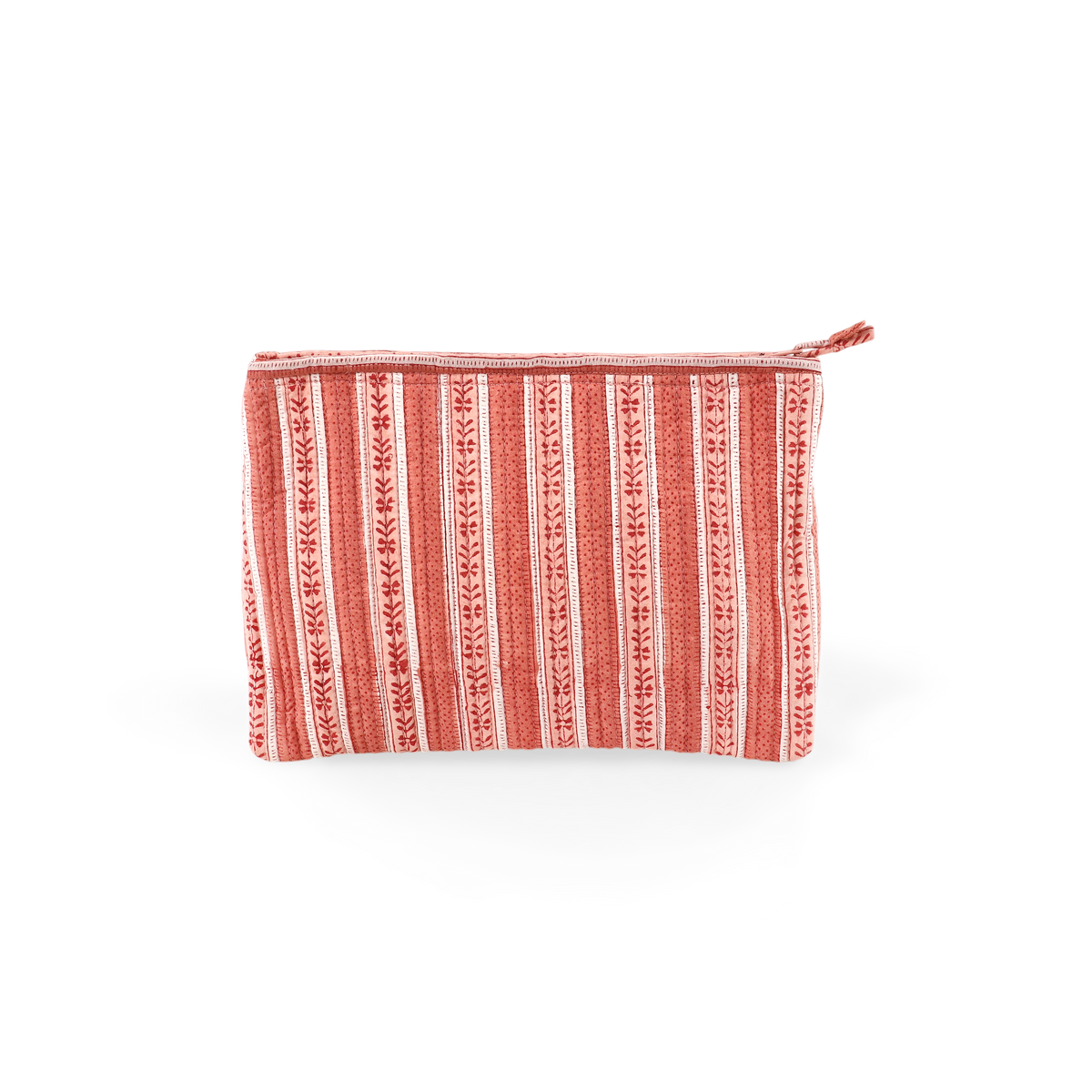 Garnet Red Floral Stripe – Hand Block Printed Quilted Cotton Pouch (Large – 9.5" x 6.5" x 3")