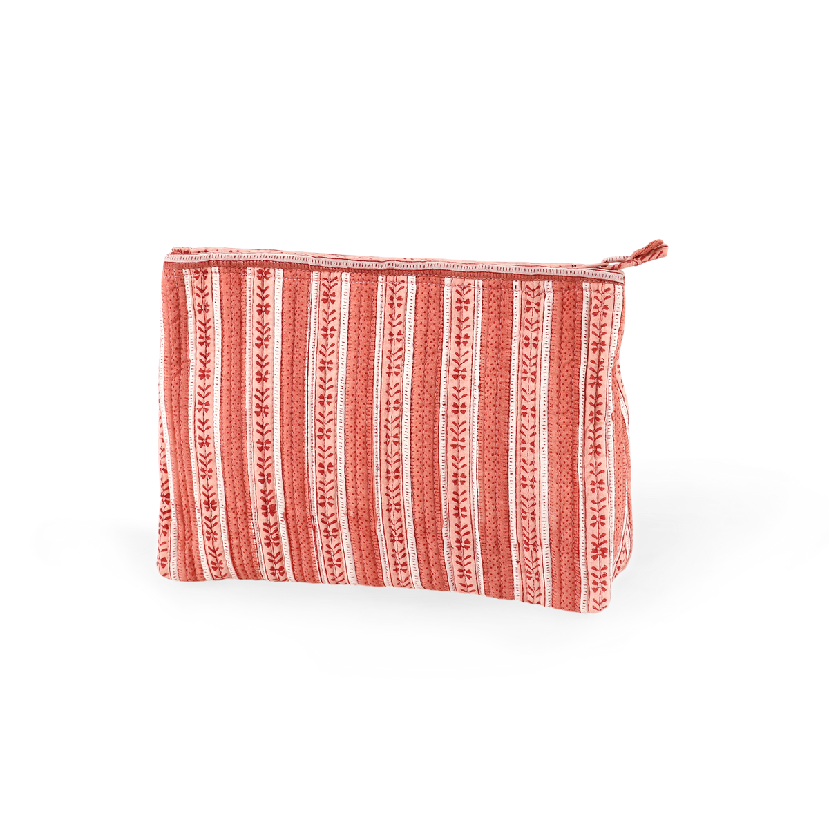 Garnet Red Floral Stripe – Hand Block Printed Quilted Cotton Pouch (Large – 9.5" x 6.5" x 3")