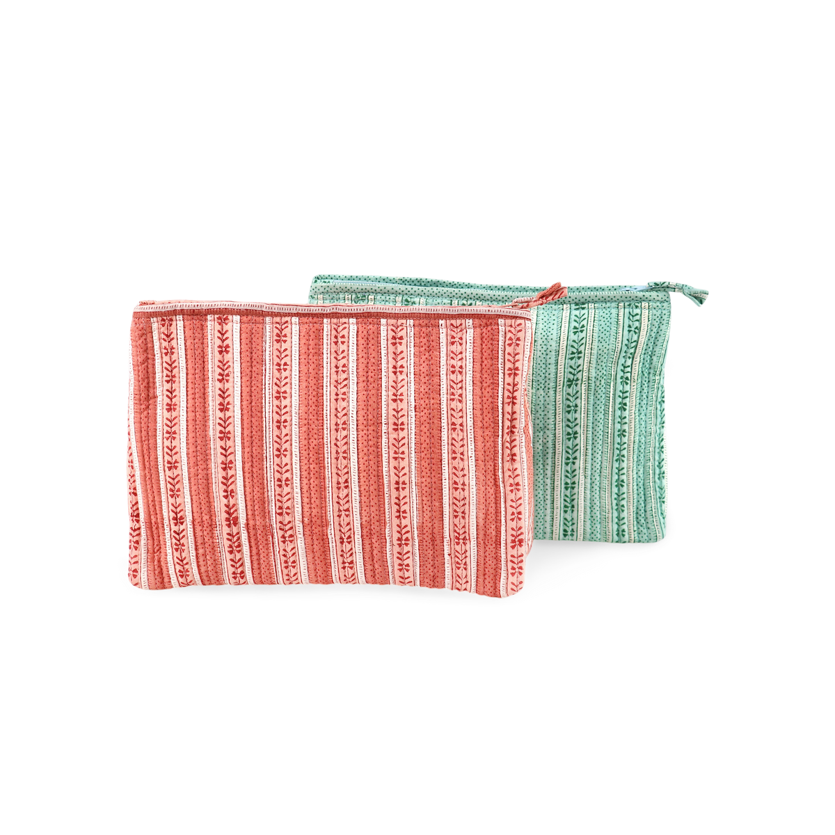Garnet Red Floral Stripe – Hand Block Printed Quilted Cotton Pouch (Large – 9.5" x 6.5" x 3")