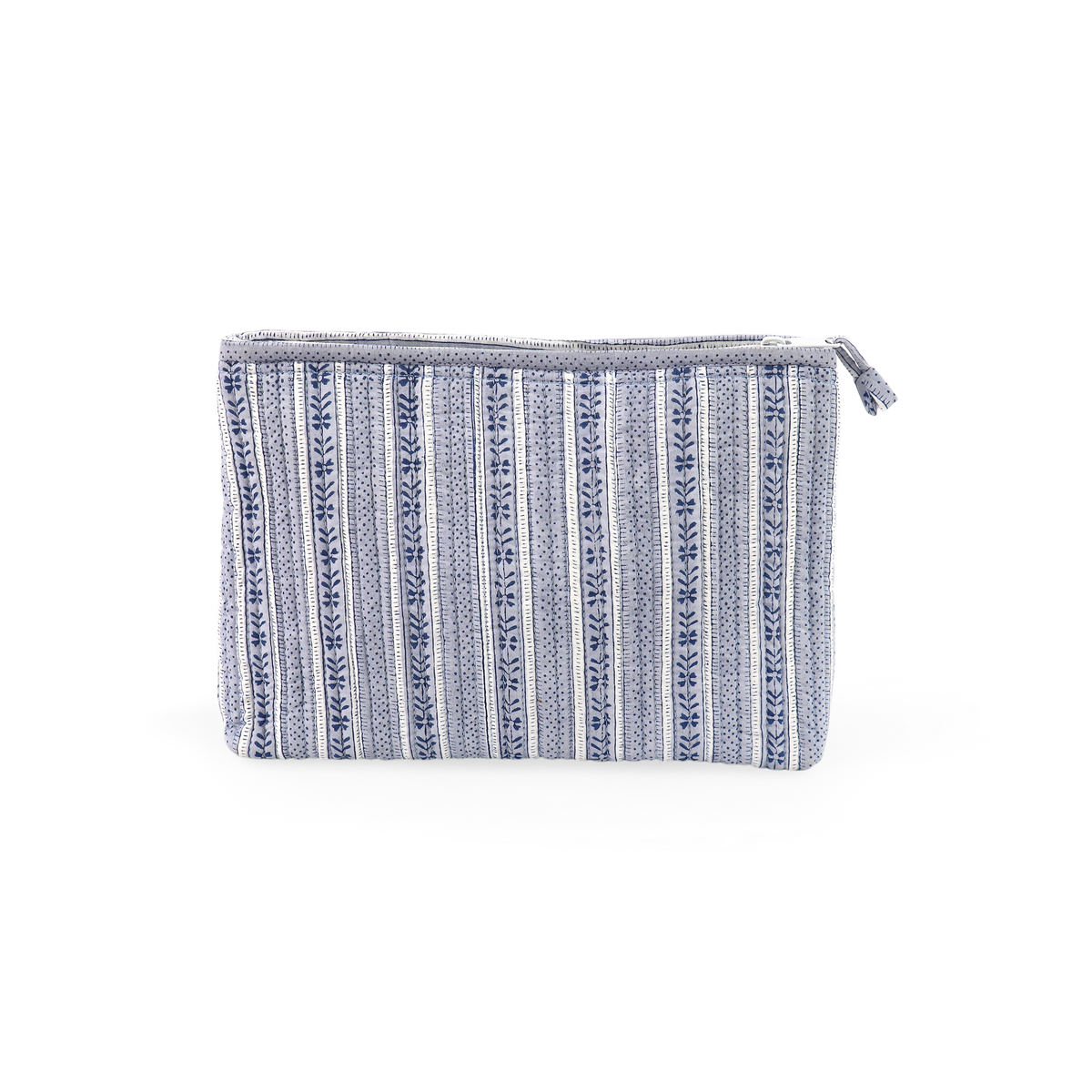 Harbor Blue Floral Stripe – Hand Block Printed Quilted Cotton Pouch (Large – 9.5" x 6.5" x 3")