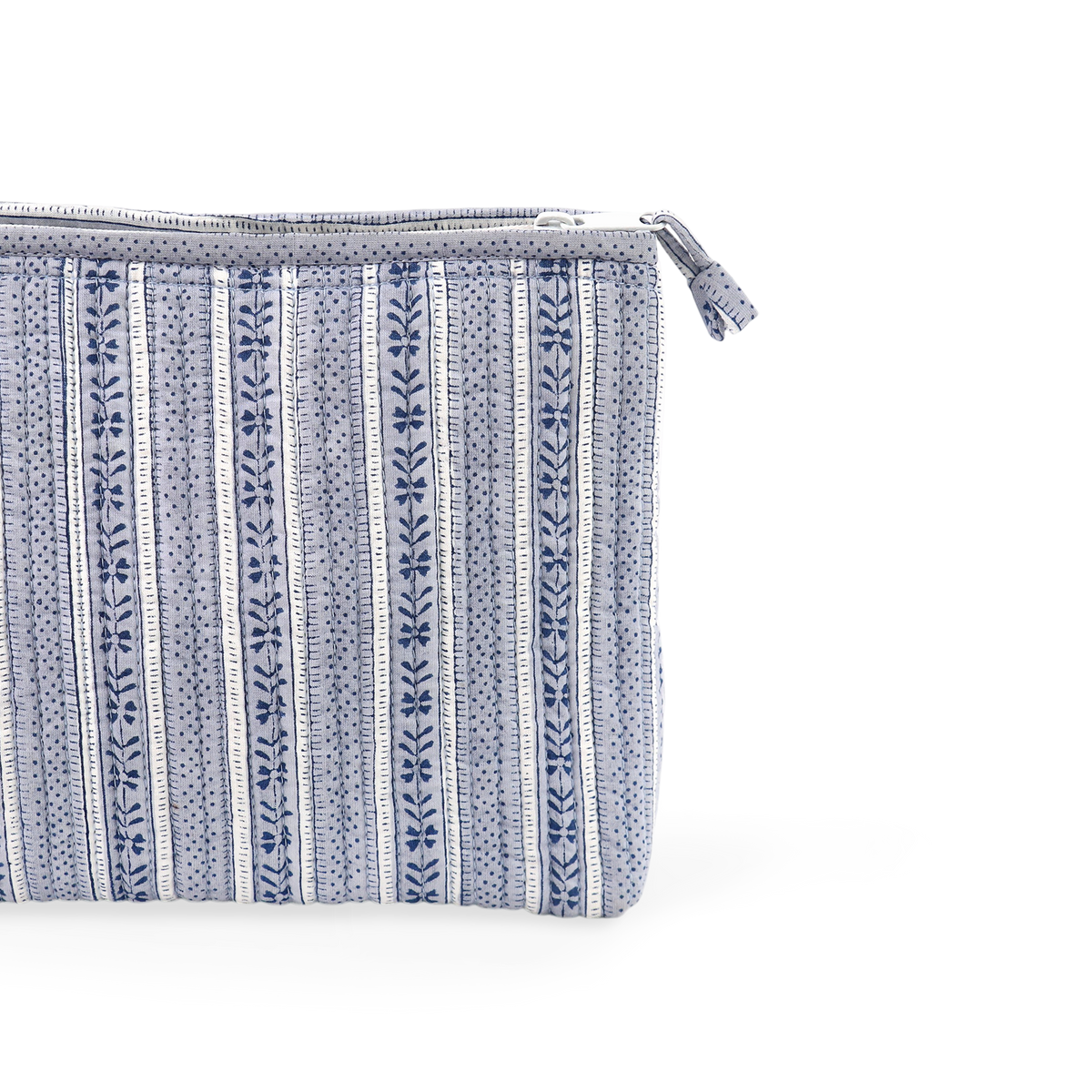 Harbor Blue Floral Stripe – Hand Block Printed Quilted Cotton Pouch (Large – 9.5" x 6.5" x 3")