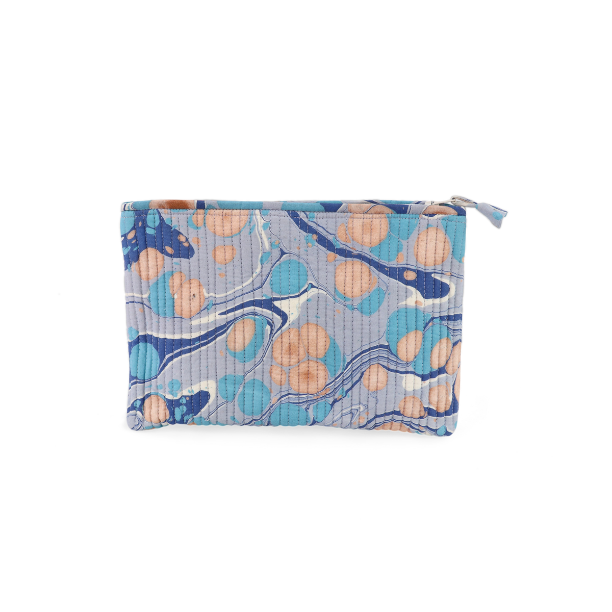 Harbor Blue Pebble – Hand Marbled Quilted Cotton Pouch (Large – 9.5" x 6.5" x 3")