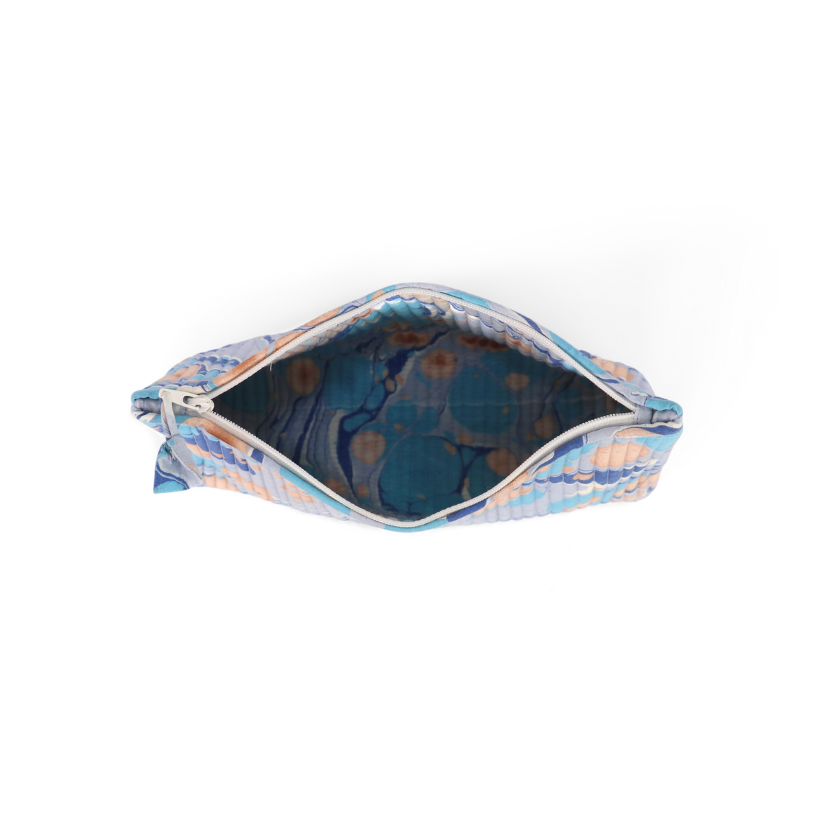 Harbor Blue Pebble – Hand Marbled Quilted Cotton Pouch (Large – 9.5" x 6.5" x 3")