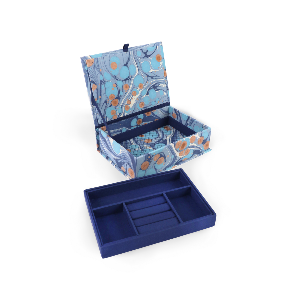 Harbor Blue Pebble – Hand Marbled Keepsake Jewelry Box (9.5” x 7” x 3.5” | 100% Cotton Casement)