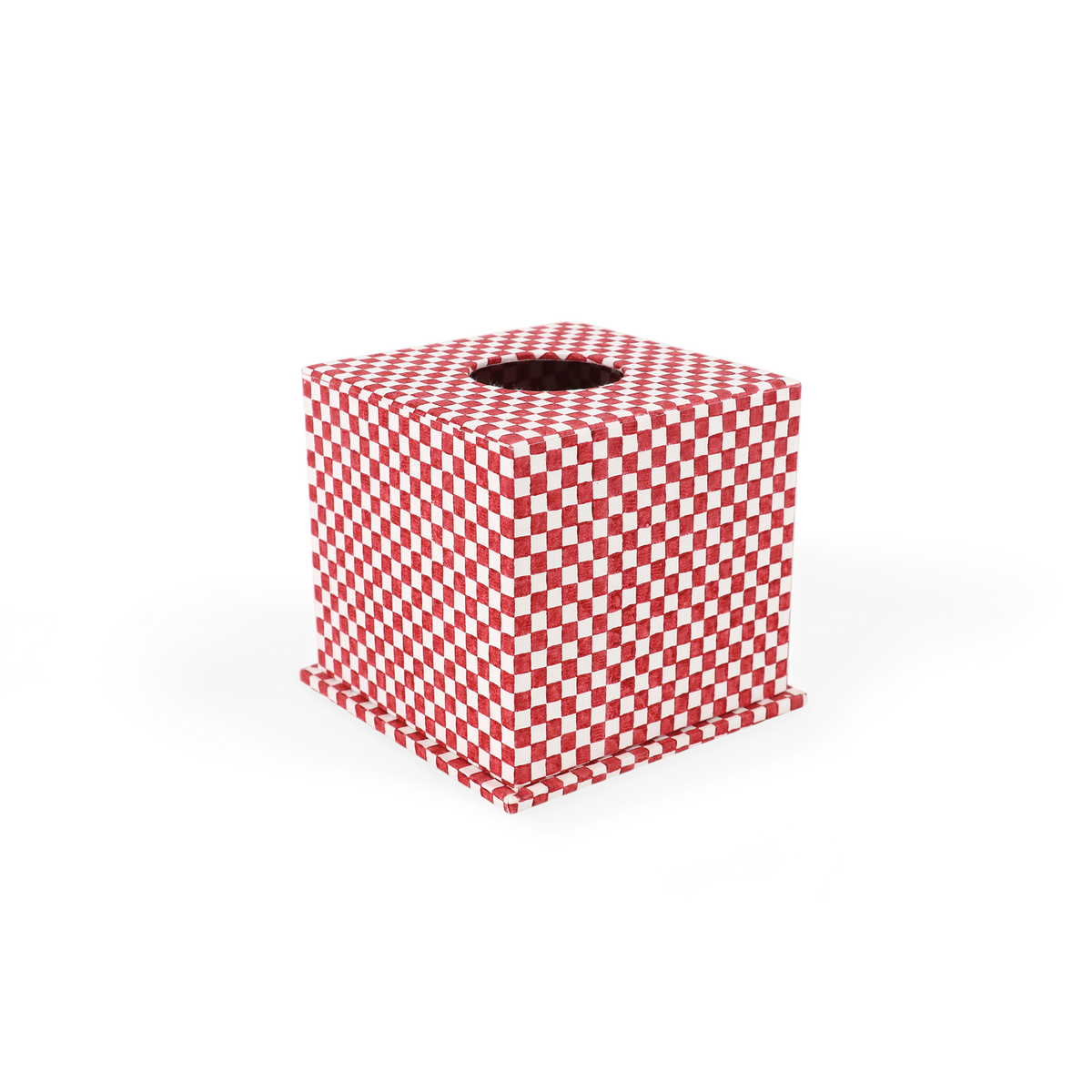 Garnet Red Checker Board – Hand Block Printed Tissue Box (5.25” H × 5” W × 5” D | 100% Recycled Cotton Paper)