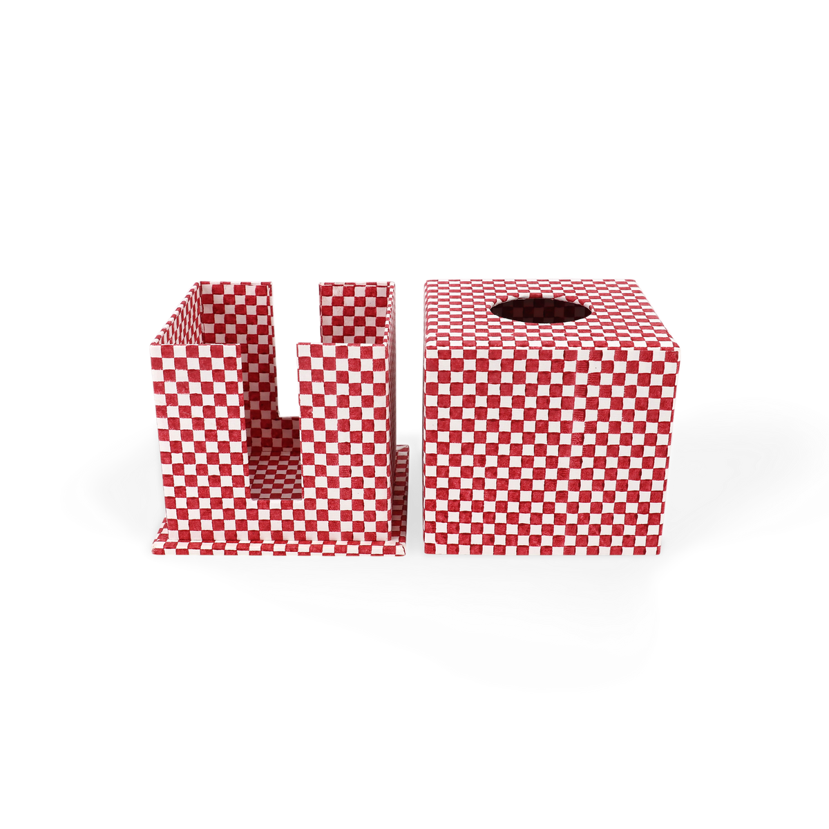 Garnet Red Checker Board – Hand Block Printed Tissue Box (5.25” H × 5” W × 5” D | 100% Recycled Cotton Paper)