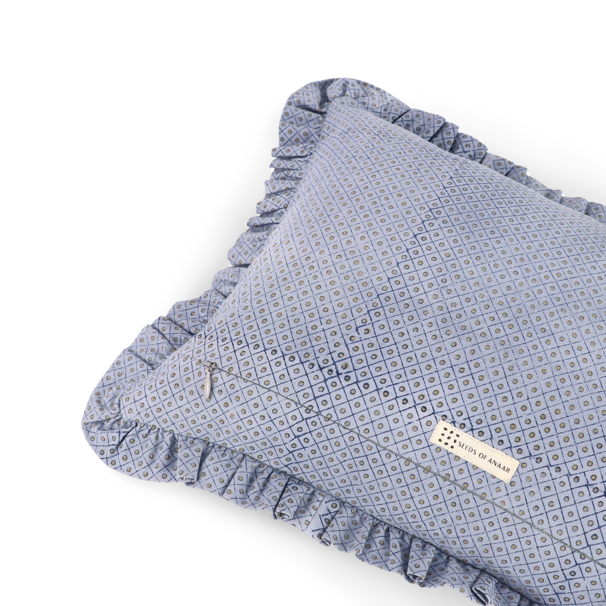 Harbor Blue Dot & Grid – Hand Block Printed Cotton Pillow Cover (12" x 16")