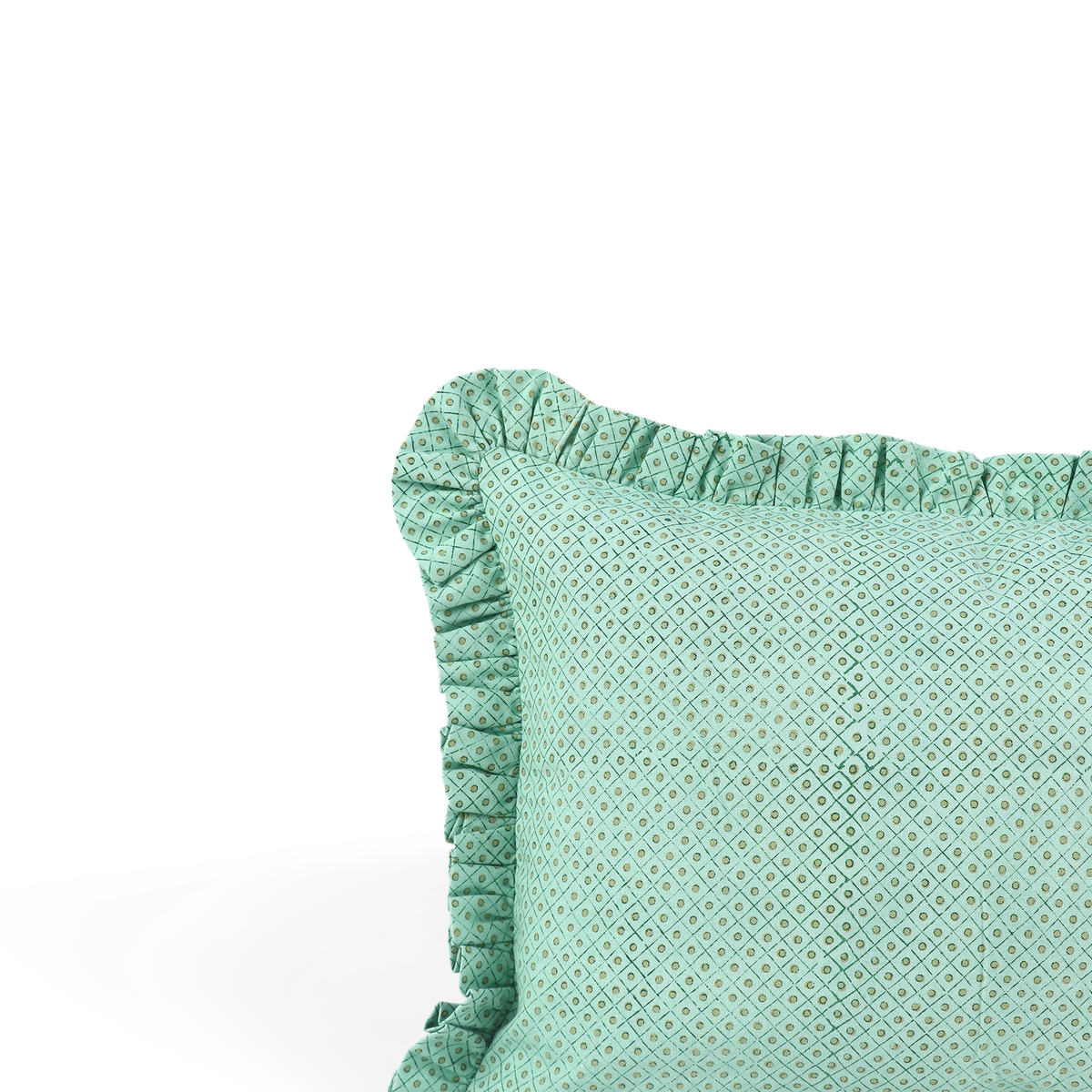 Celadon Green Dot & Grid – Hand Block Printed Cotton Pillow Cover (12" x 16")