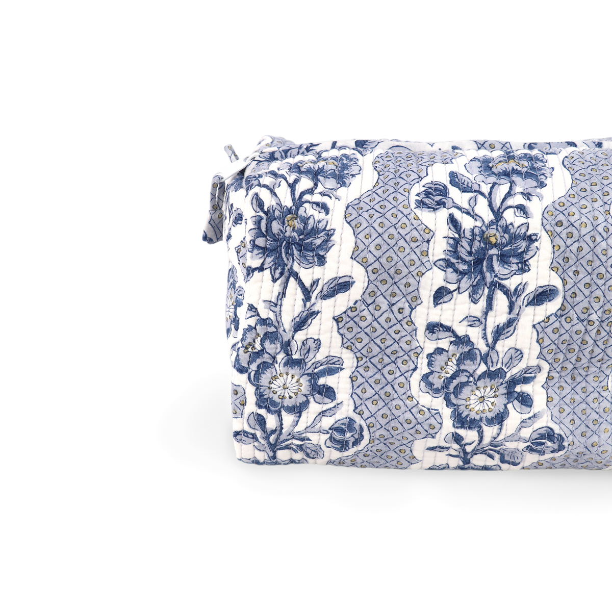 Harbor Blue Blooming Trellis – Hand Block Printed Quilted Beauty Bag (Large - 9.5" x 5" x 4")