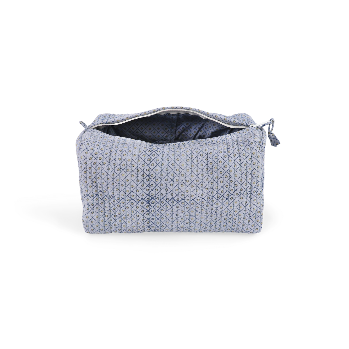 Harbor Blue Dot & Grid – Hand Block Printed Quilted Beauty Bag (Medium – 8.5" x 4" x 3.5")